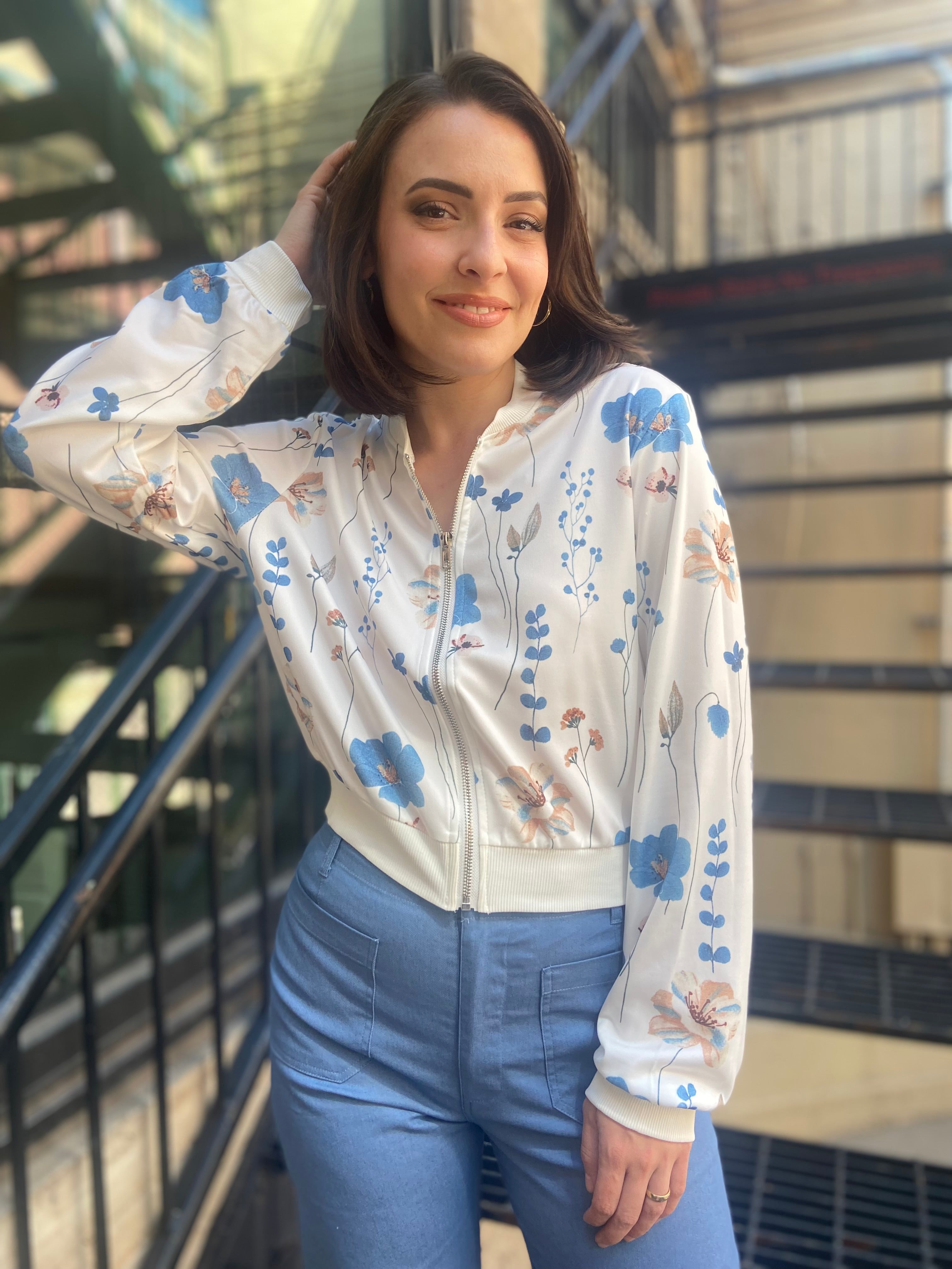 Blue Floral Zip Up Jacket