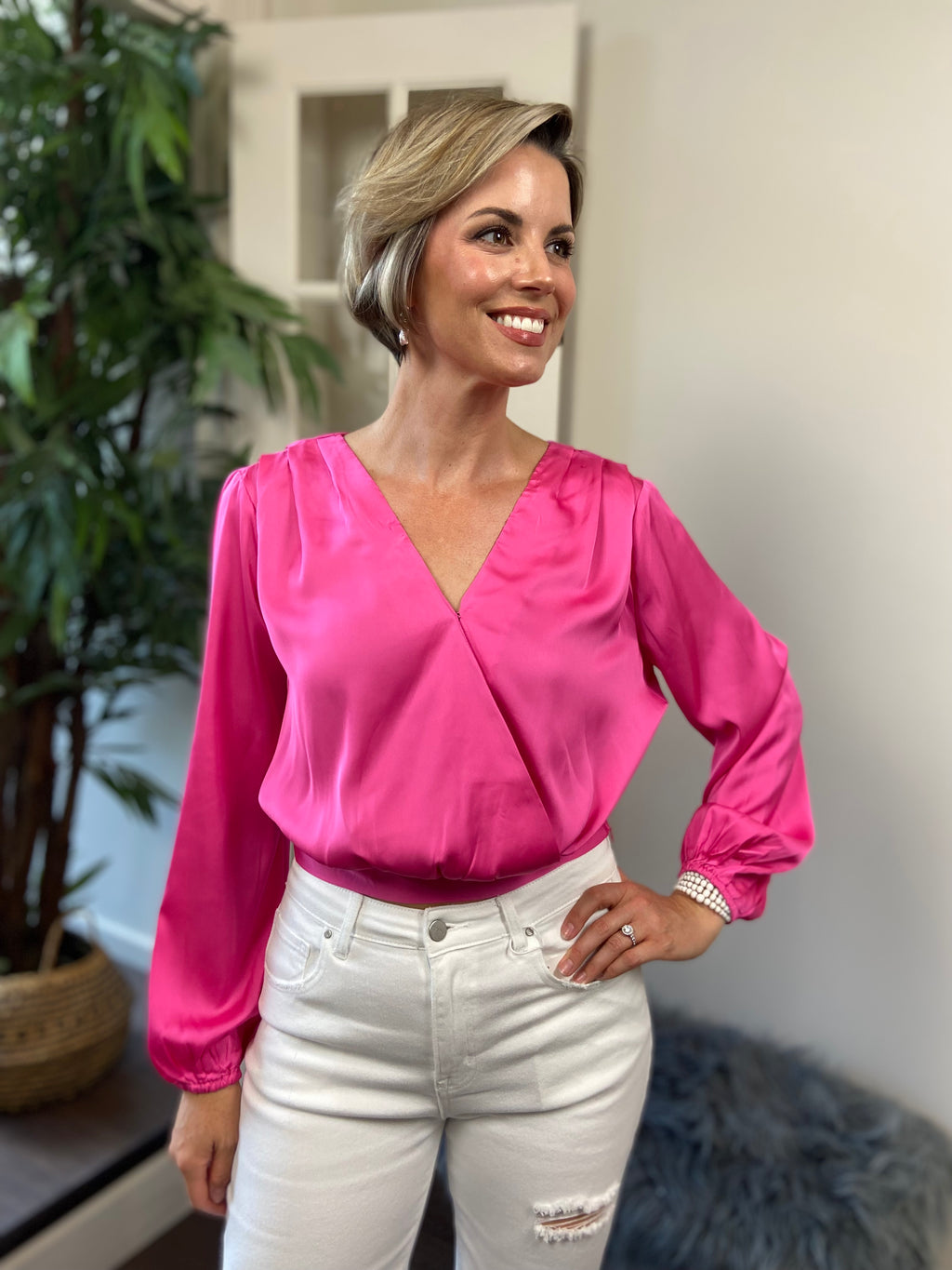 Elio Hot Pink V Neck Long Sleeve Blouse - MK Threads Boutique