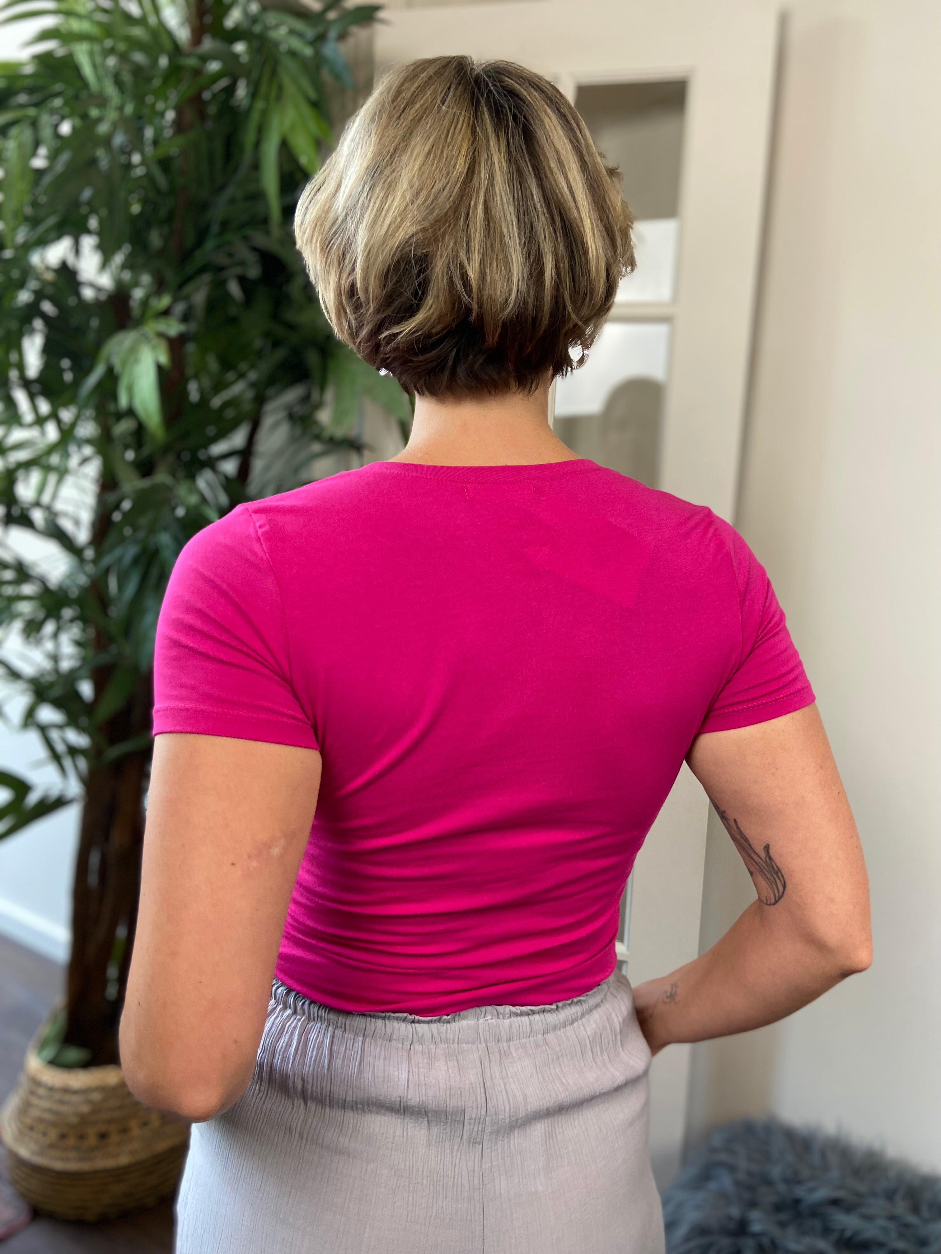 Carson Magenta Basic V Neck Short Sleeve Shirt - MK Threads Boutique