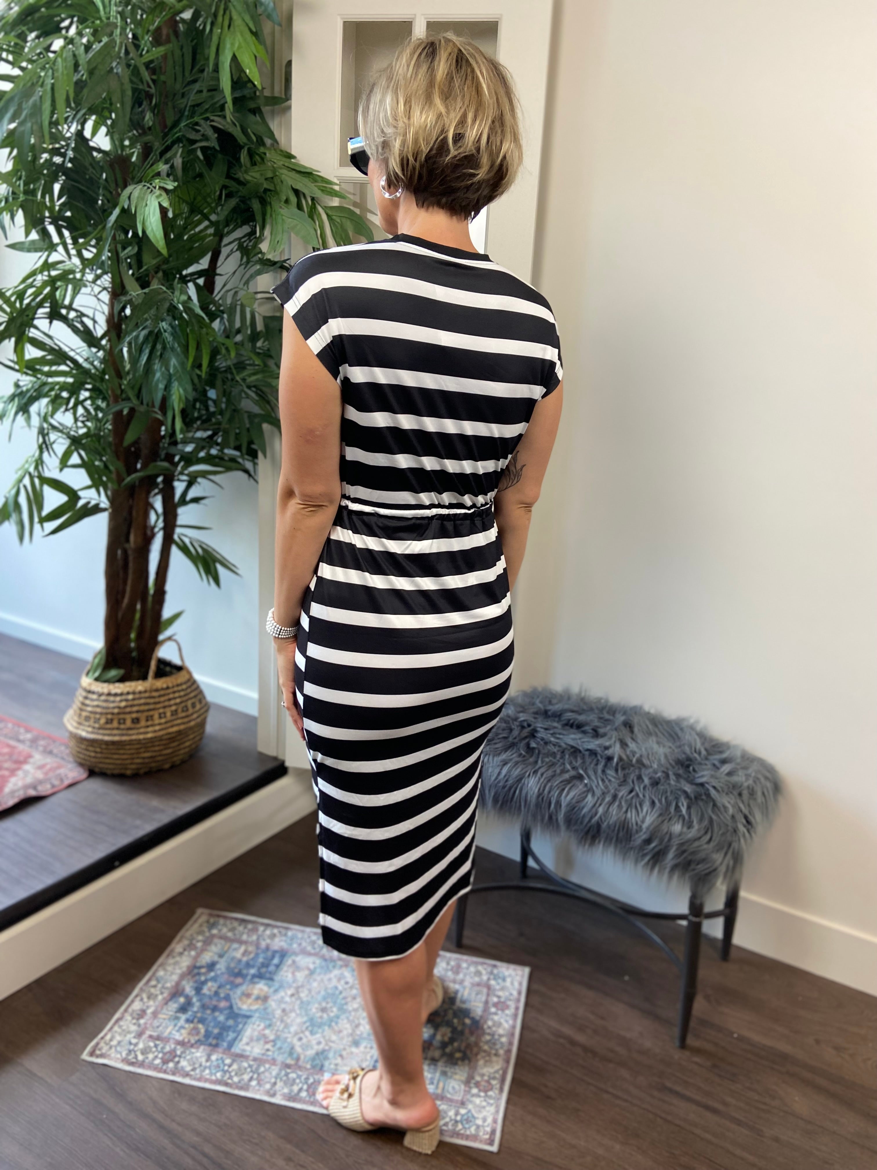 Amara Black & White Stripe Tie Waist Midi Dress