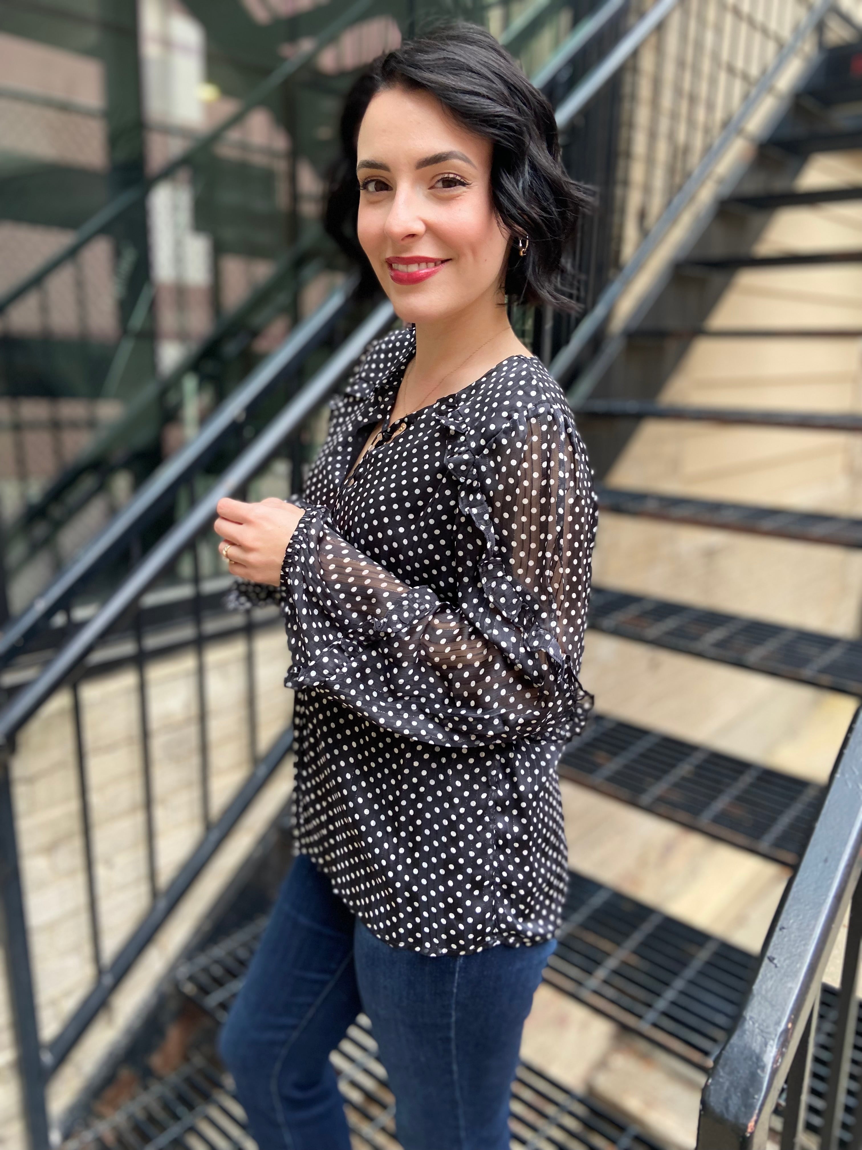 Erika Black & White Polka Dot Long Sleeve Blouse