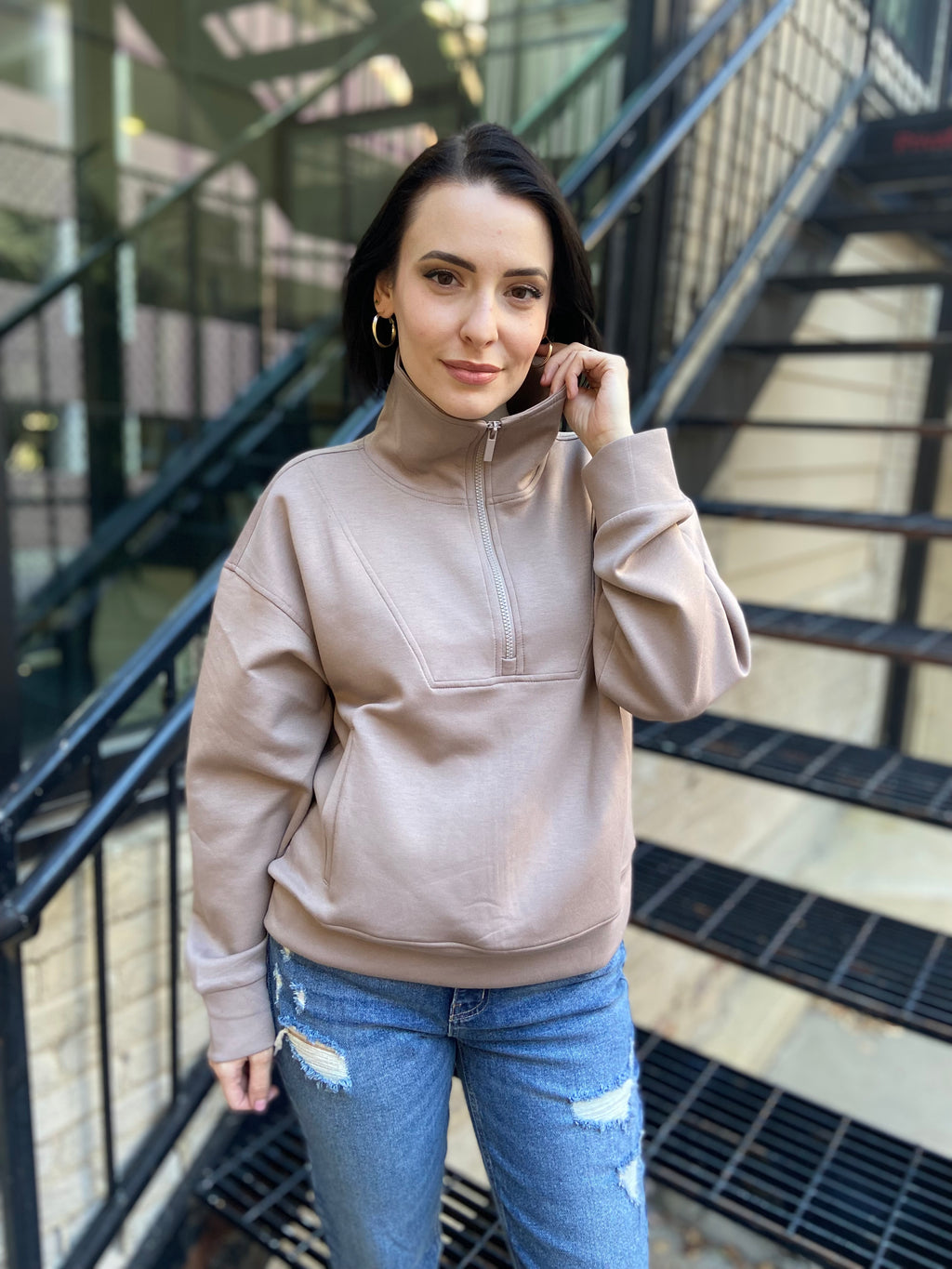 Nicolette Cocoa Scuba Half Zip Sweater