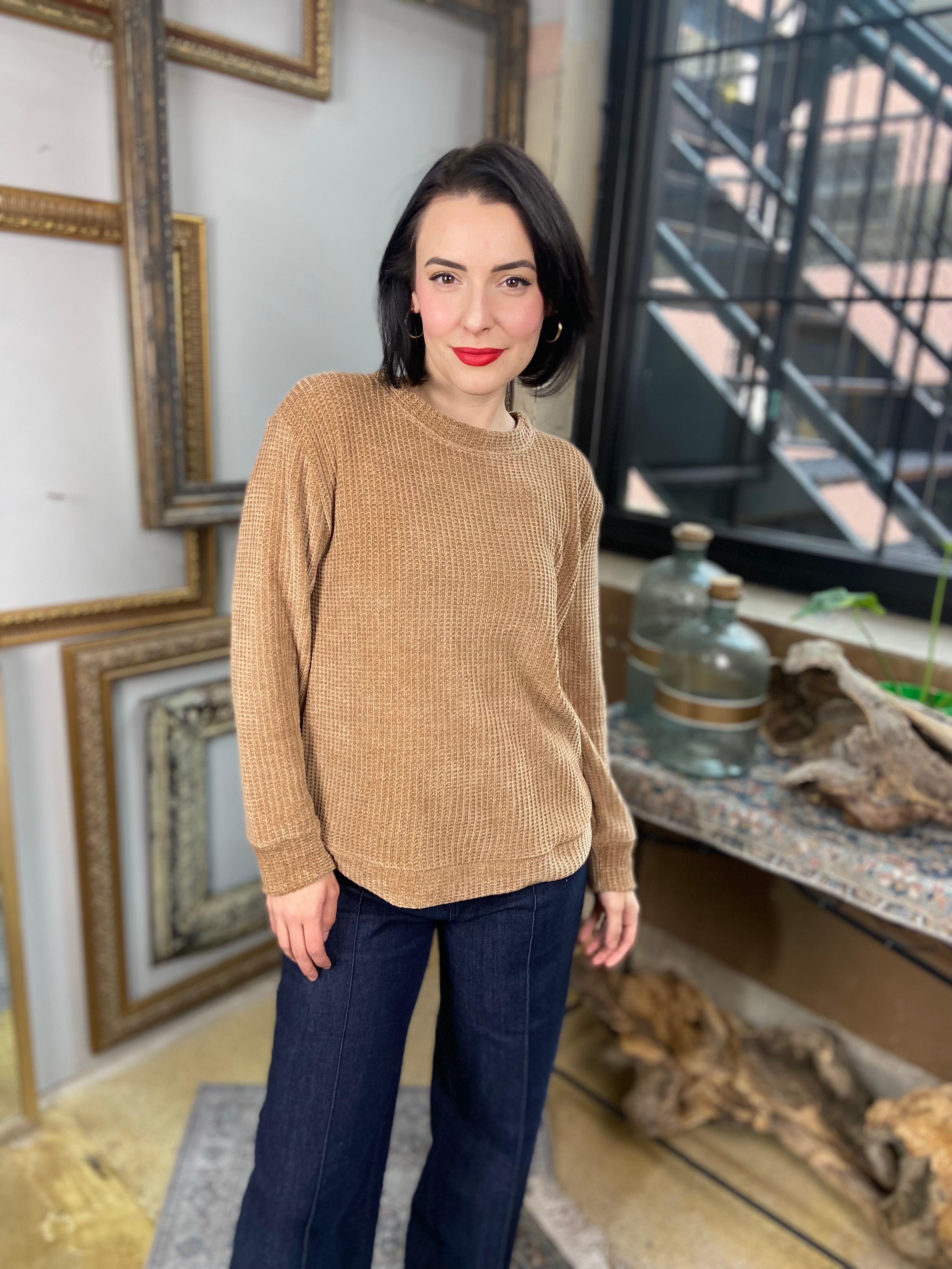 Kayla Deep Camel Chenille Waffle Round Neck Sweater