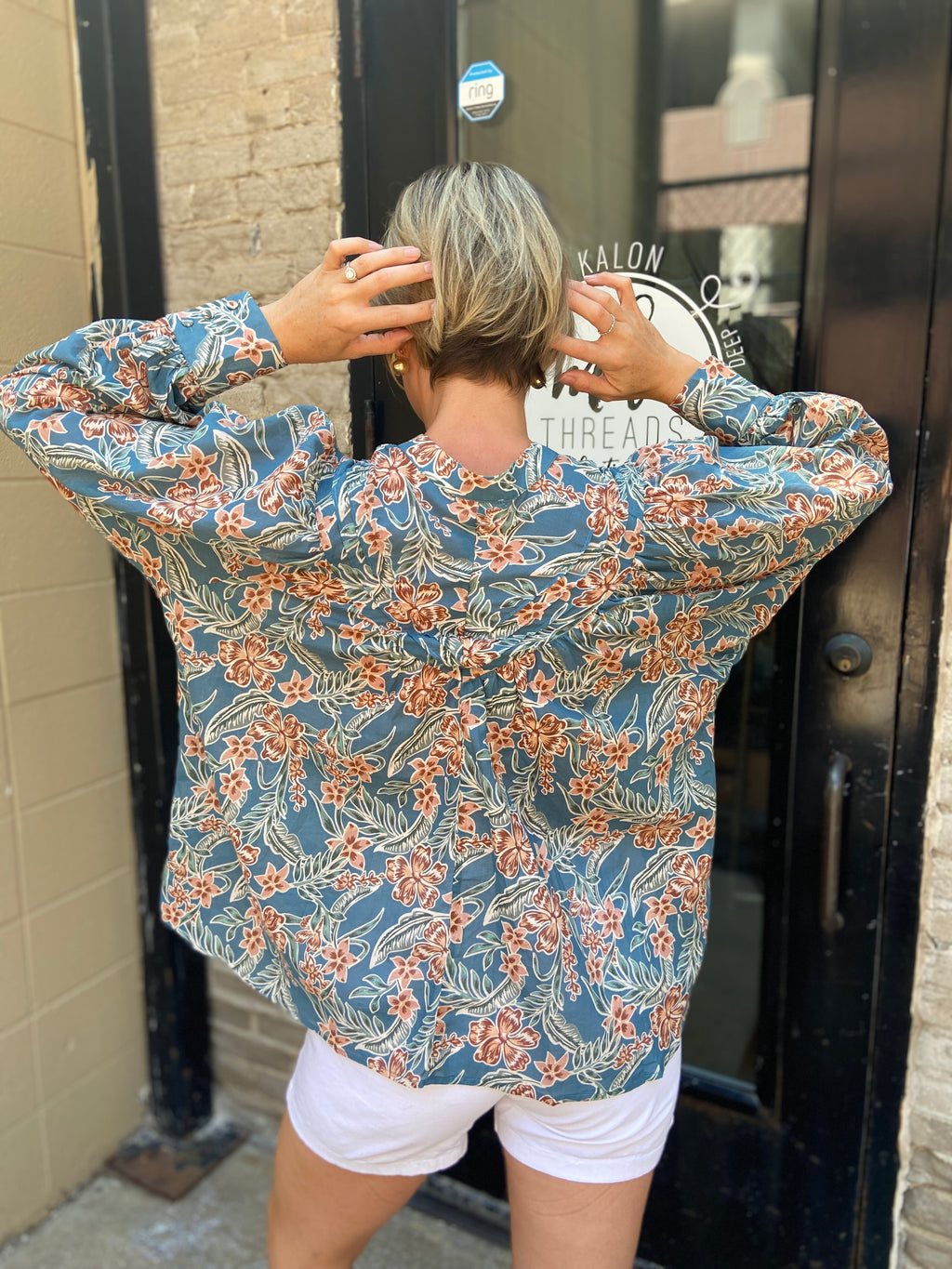 Gale Blue Retro Floral Long Sleeve Blouse