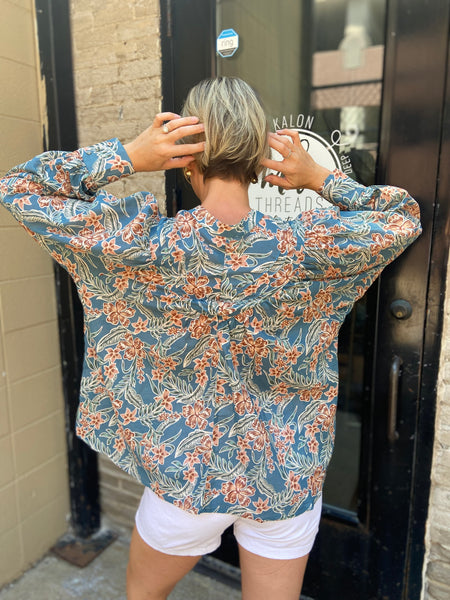 Gale Blue Retro Floral Long Sleeve Blouse