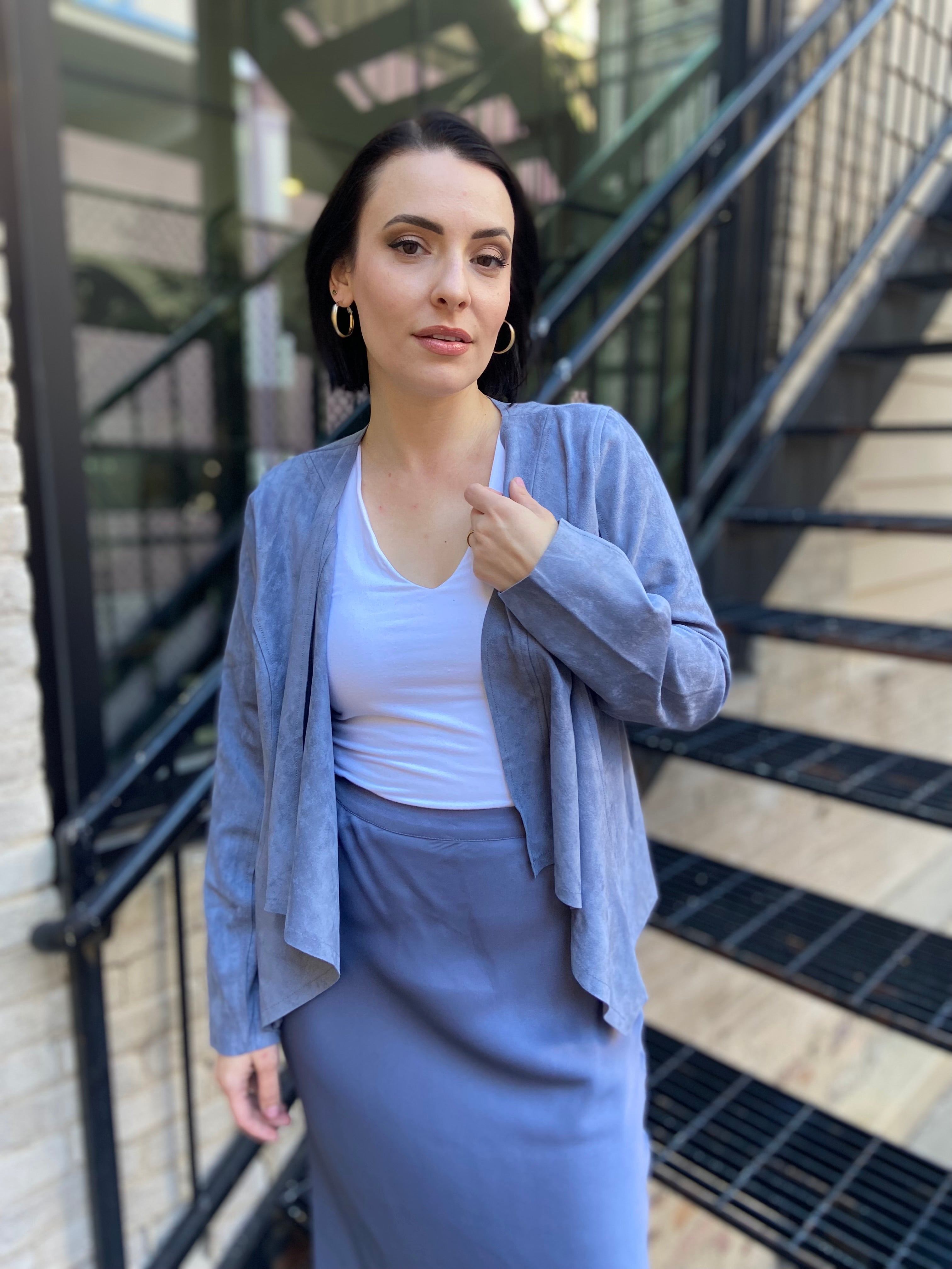 Azalia Light Blue Suede Open Crop Jacket