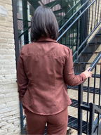 Eli dark Brown Suede Long Sleeve Button Up Top