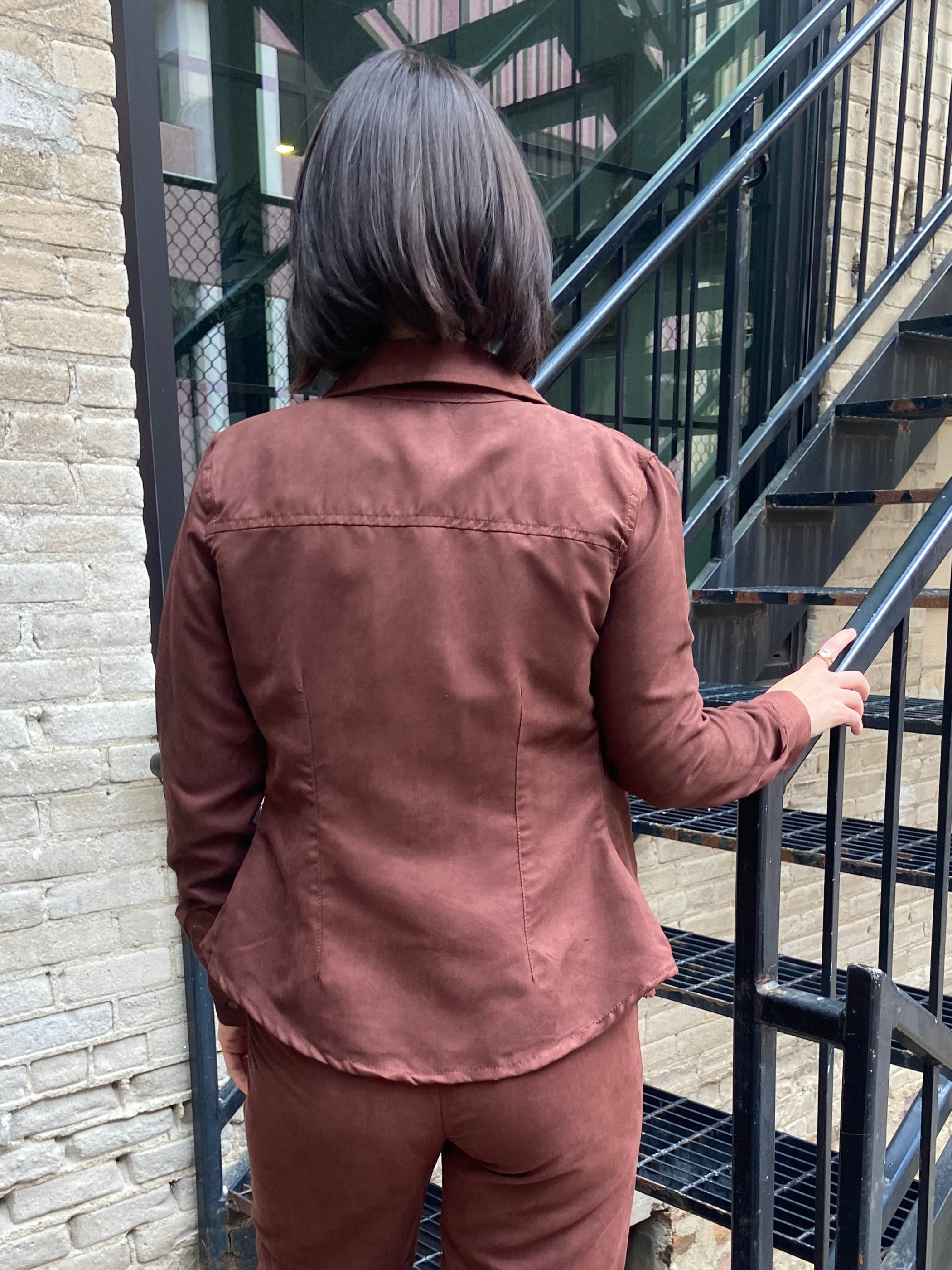 Eli dark Brown Suede Long Sleeve Button Up Top