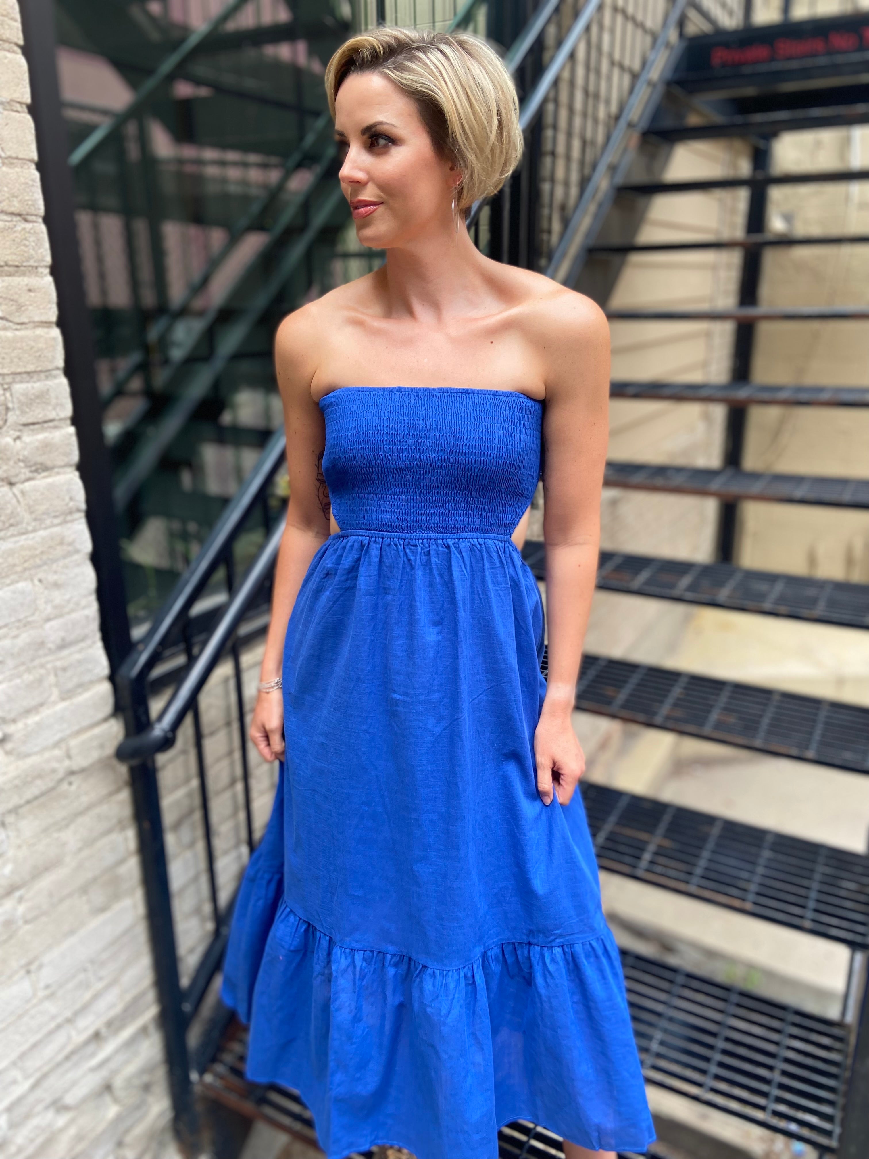 Grace Royal Blue Smocked Strapless Midi dress