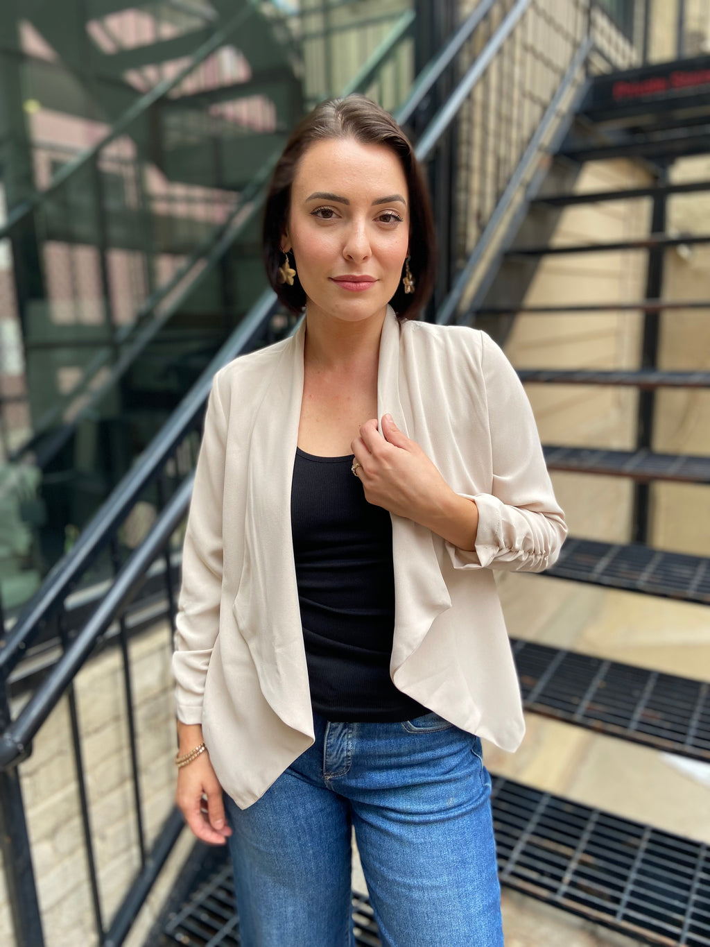 Sadi Khaki Half Sleeve Open Cropped Blazer