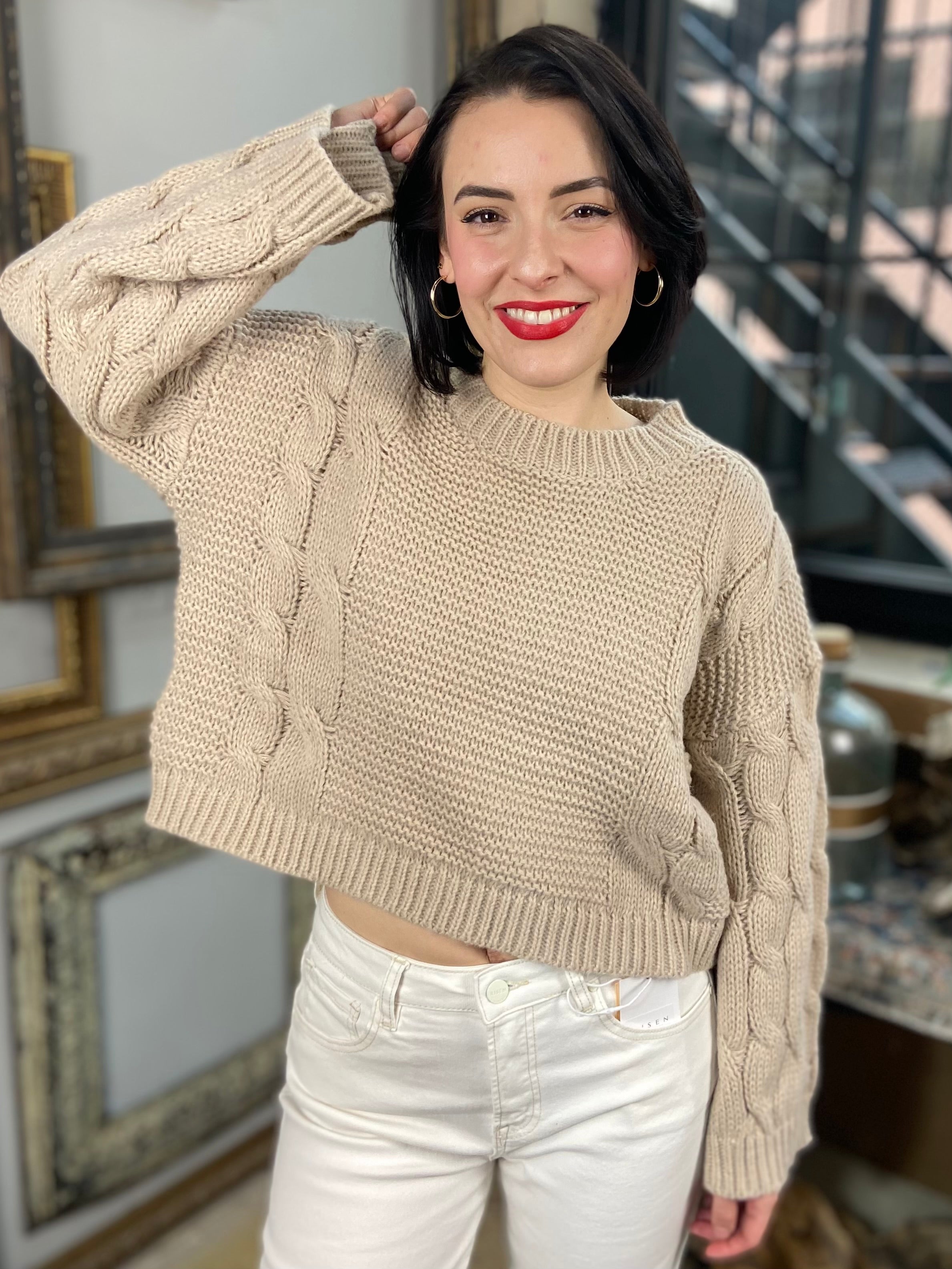 James Beige Cable Knit Loose Sweater