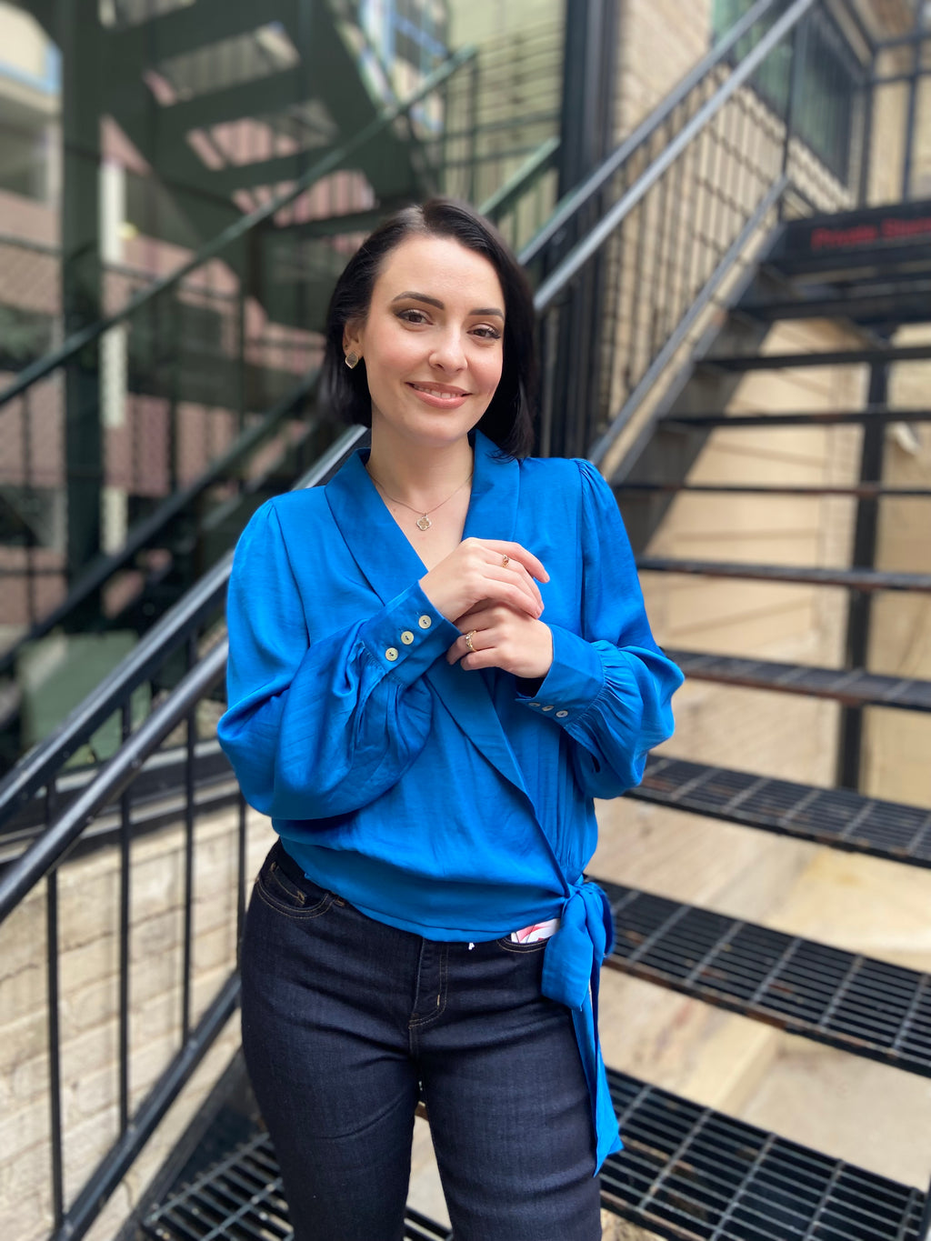 Brooke Blue Tie Long Balloon Sleeve Blouse