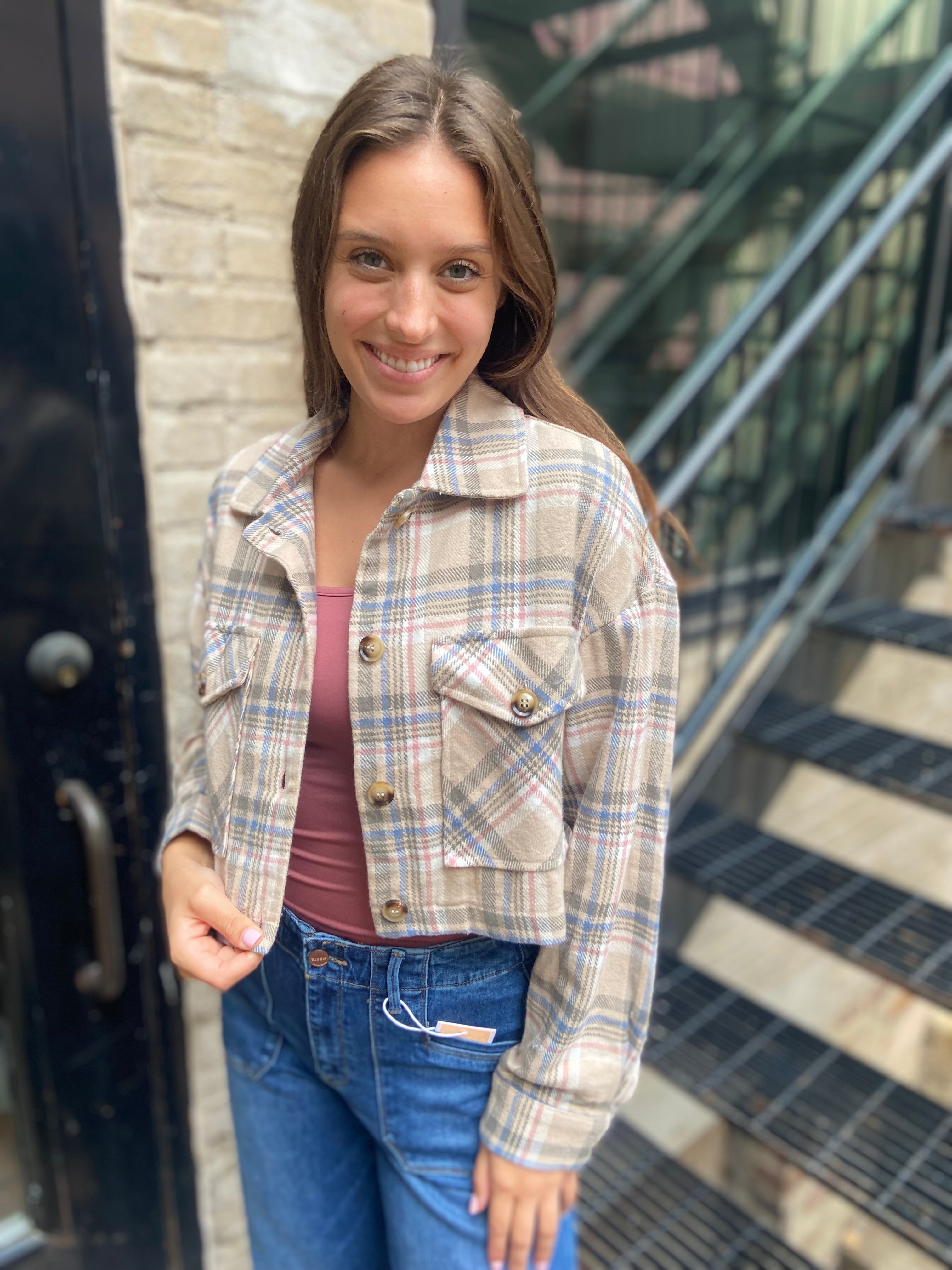 Nance Light Taupe Cropped Plaid Shacket
