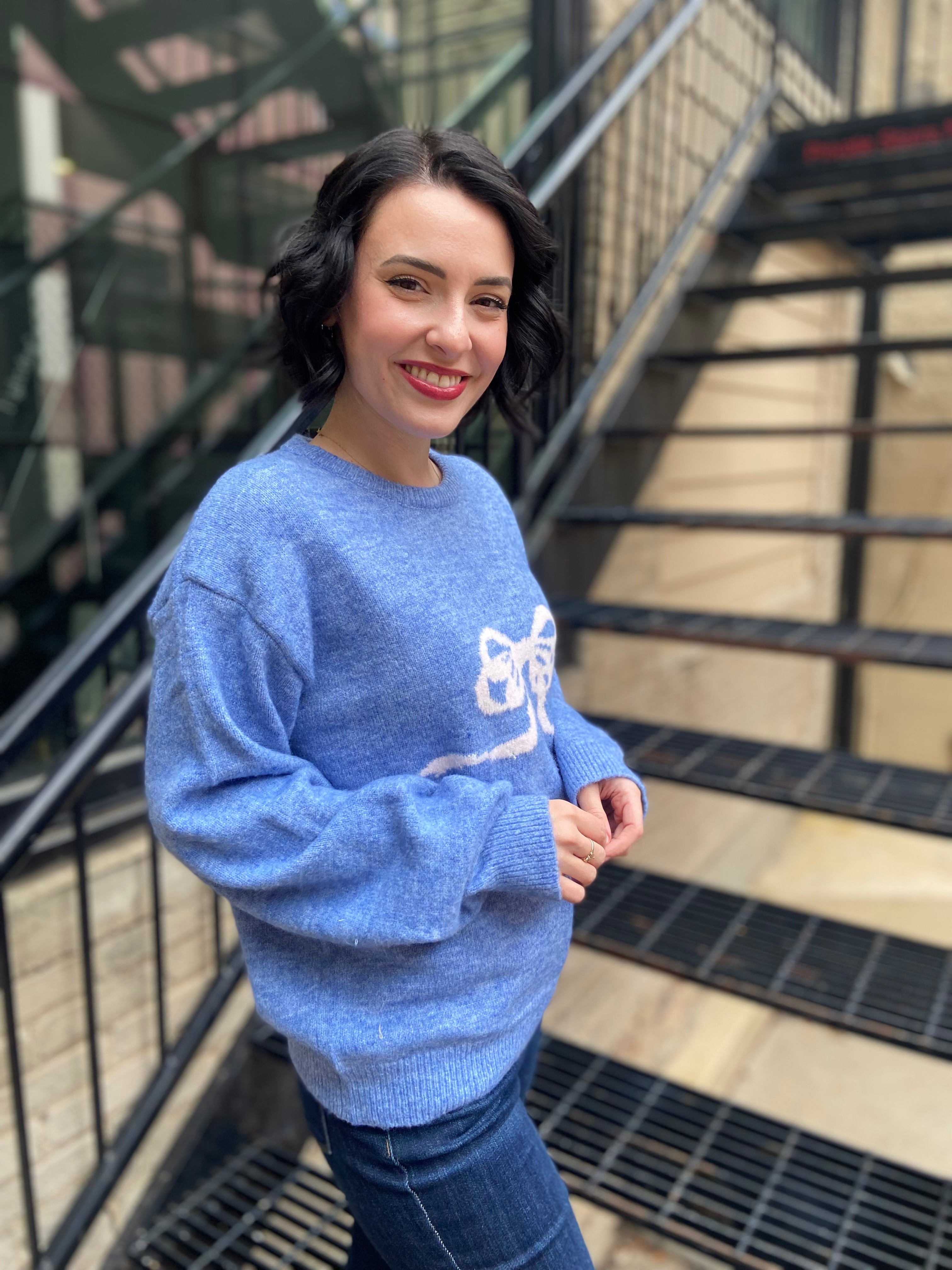 Blue Bow Knit Crew Sweater