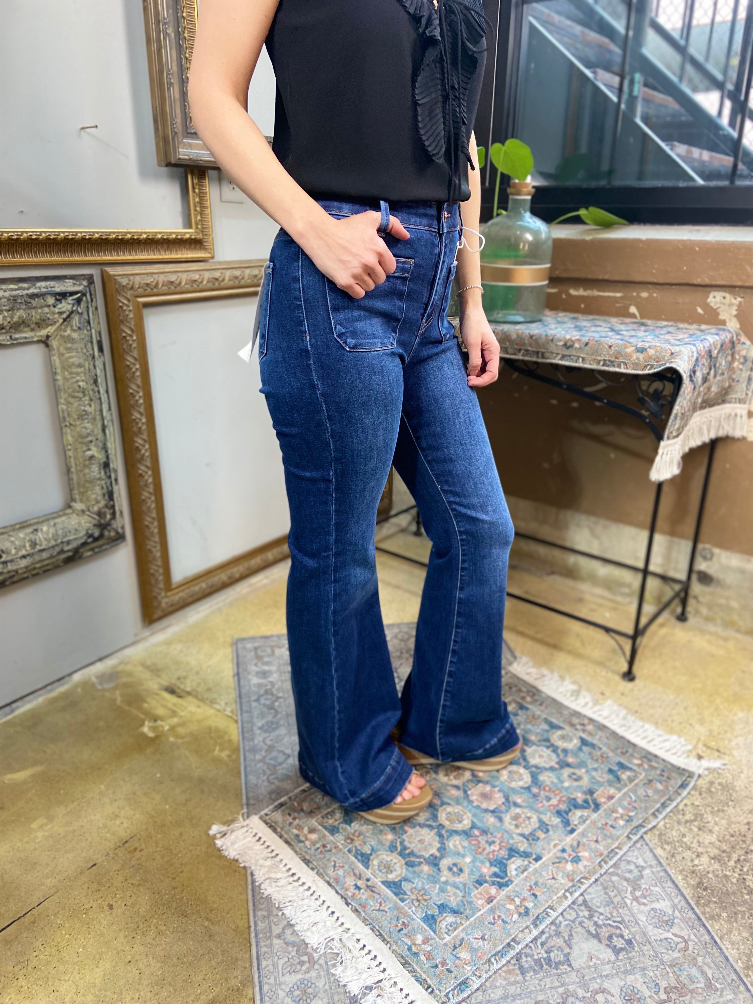 Nora Dark High Rise Front Pocket Flare Risen Jeans - MK Threads Boutique
