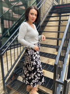 Skye Black & White Floral Satin Midi Skirt