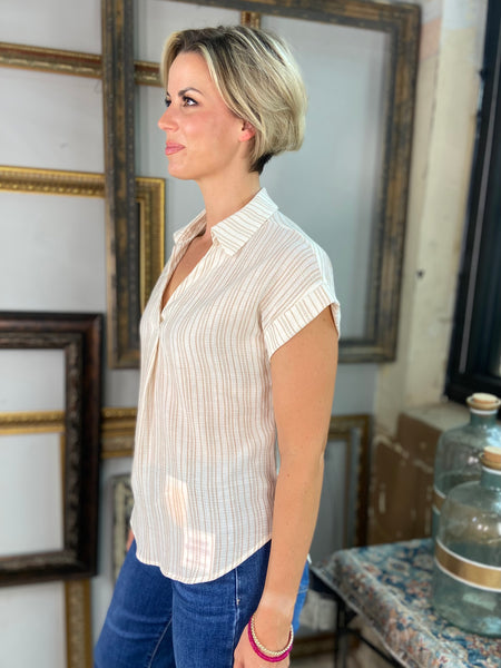 Ozias Khaki Striped Pintuck Cuff Sleeve Top