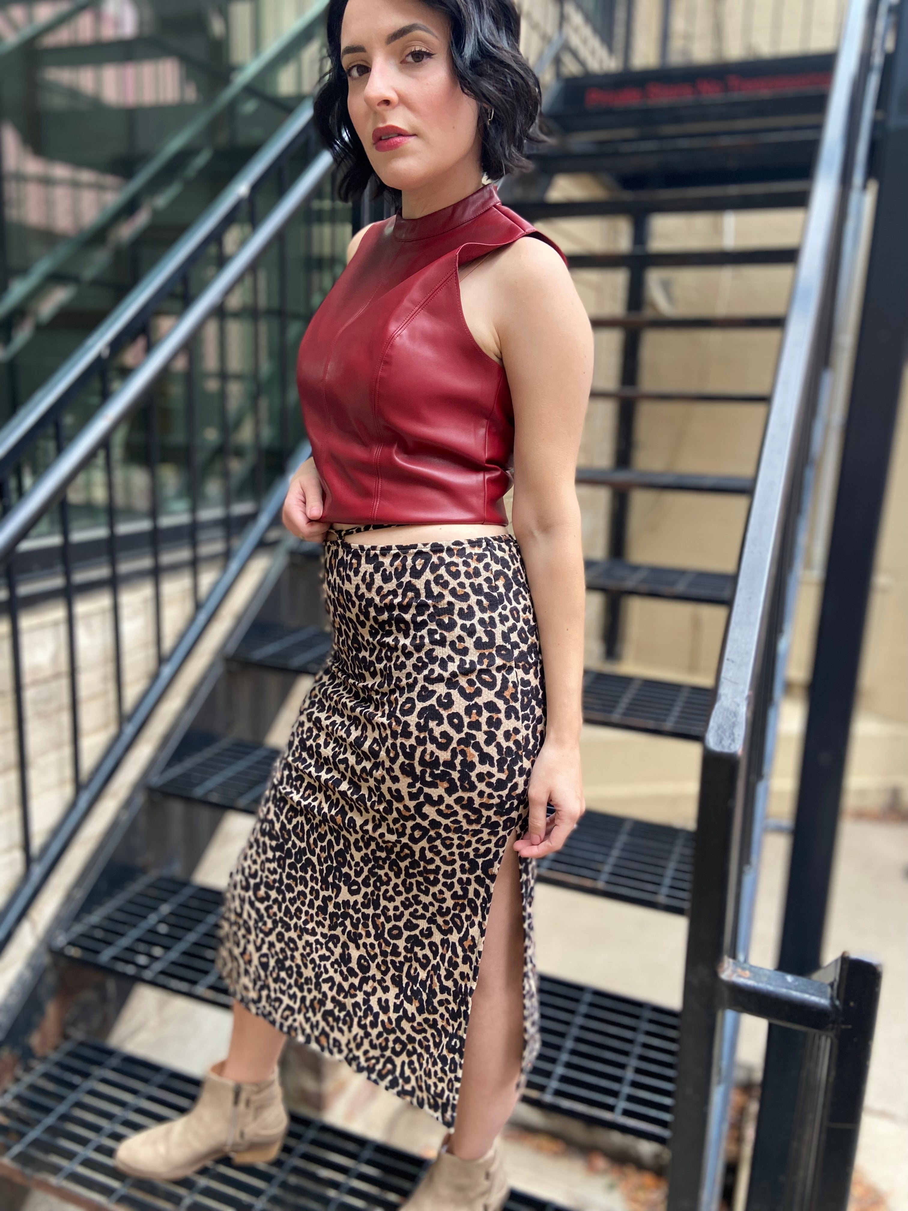 Cheetah Tie Waist Side Slit Midi Skirt