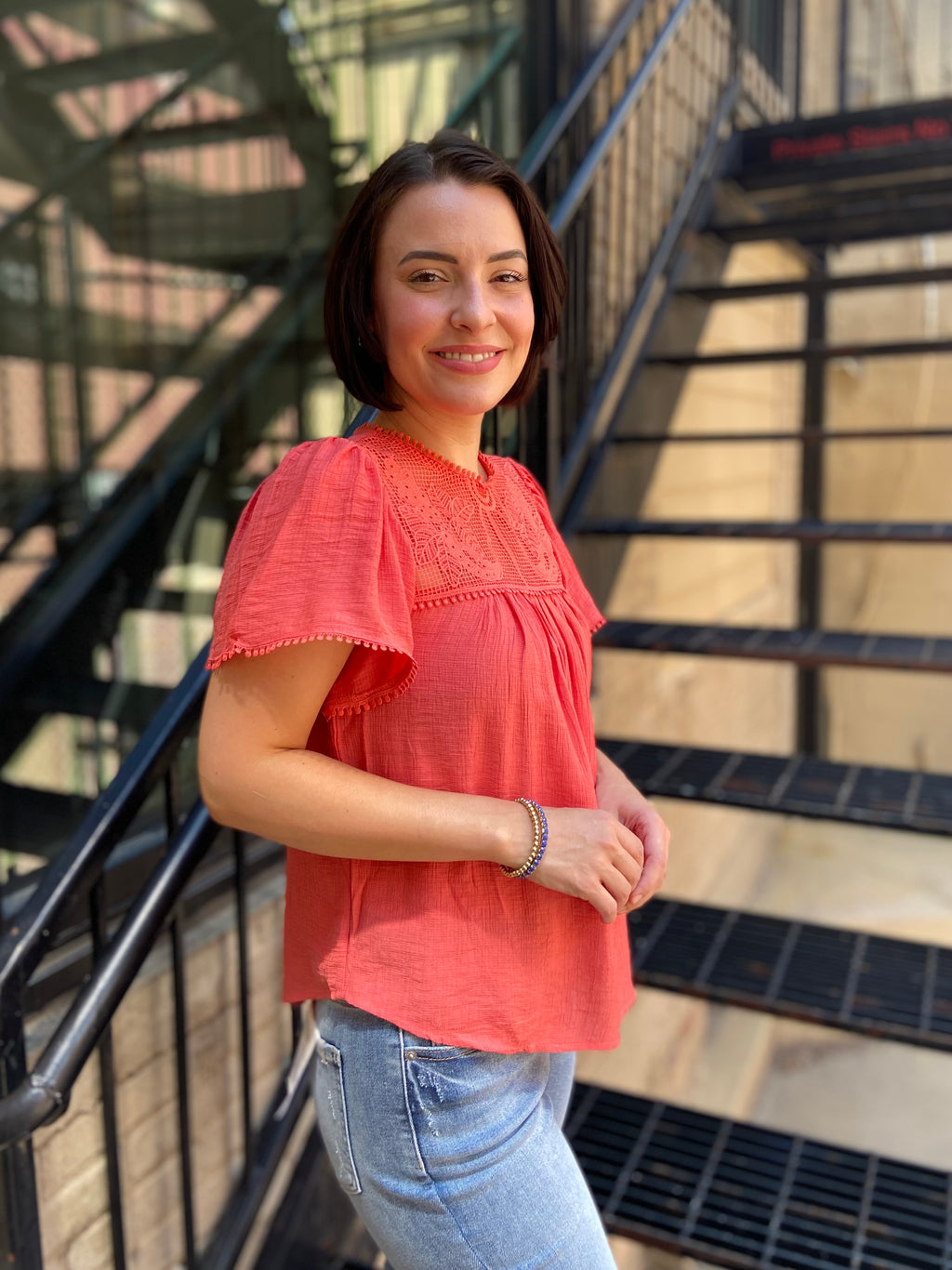 Fallon Coral Sheer Lace Blouse