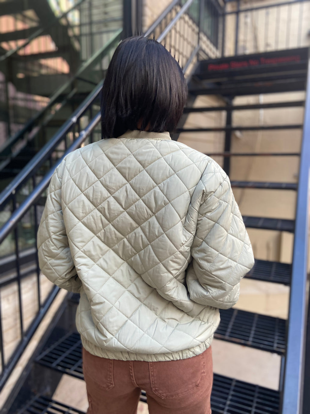 Geo Olive Quilted Bomber Jacket