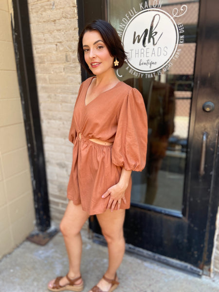 Lina Burnt Orange Half Sleeve Linen Romper