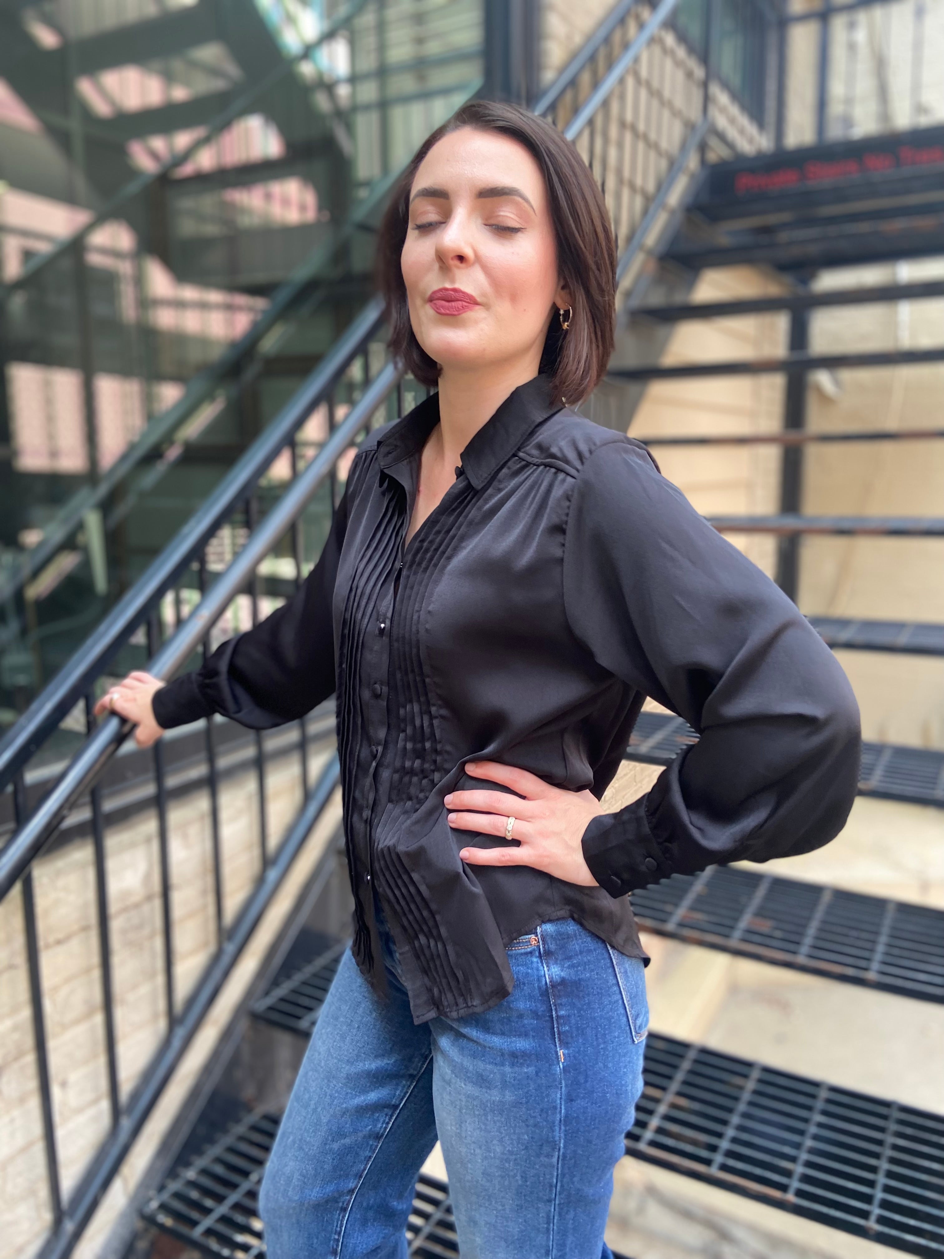 Kate Black Pleated Long Sleeve Button Up