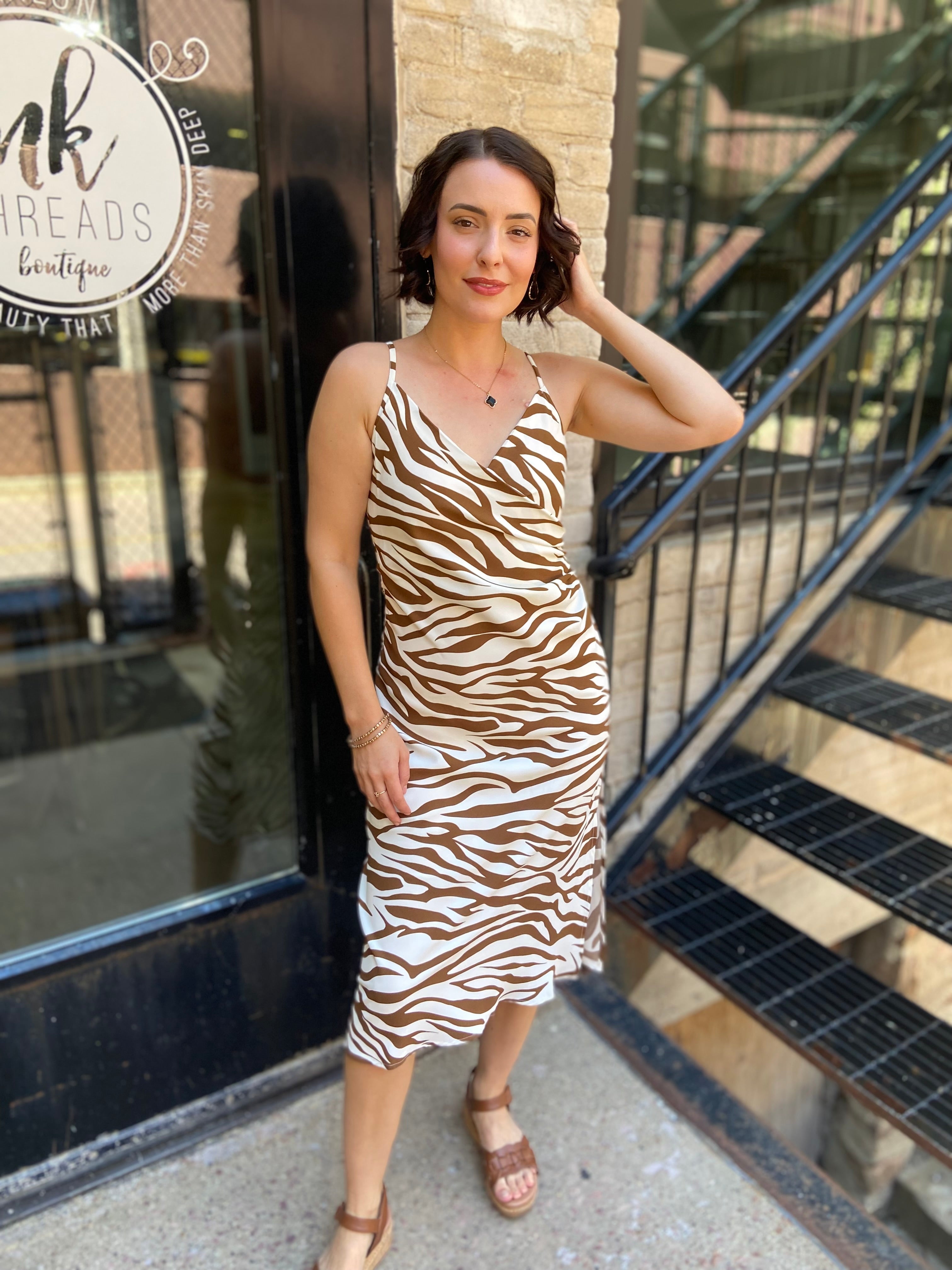 Callie Brown Zebra Print Midi Dress