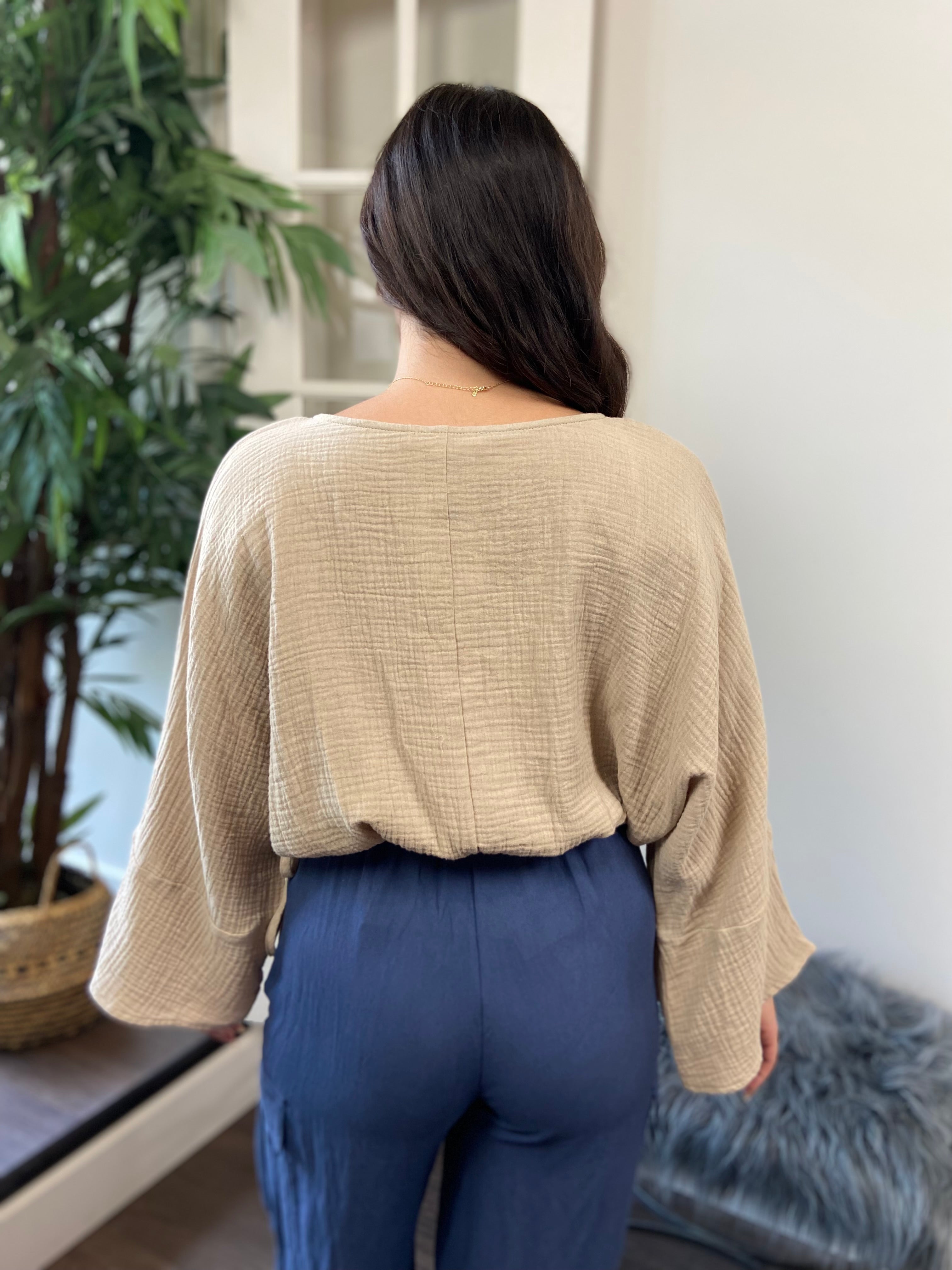 Calla Light Taupe Guaze Bell Sleeve Top