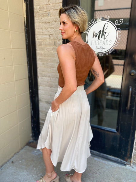 Ashlen Beige Linen Crinkle Midi Skirt