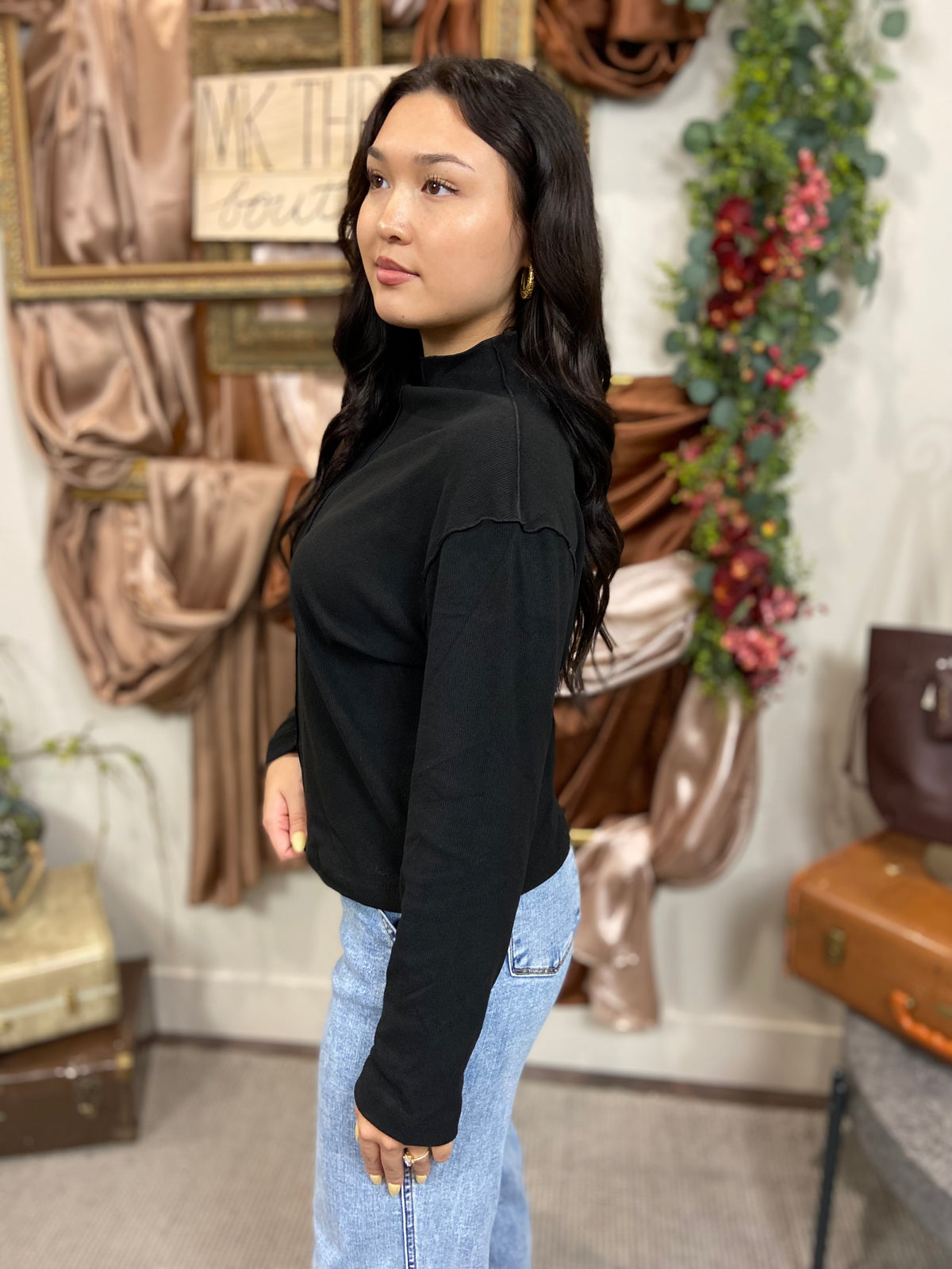 Virginia Black Long Sleeve Ribbed Top