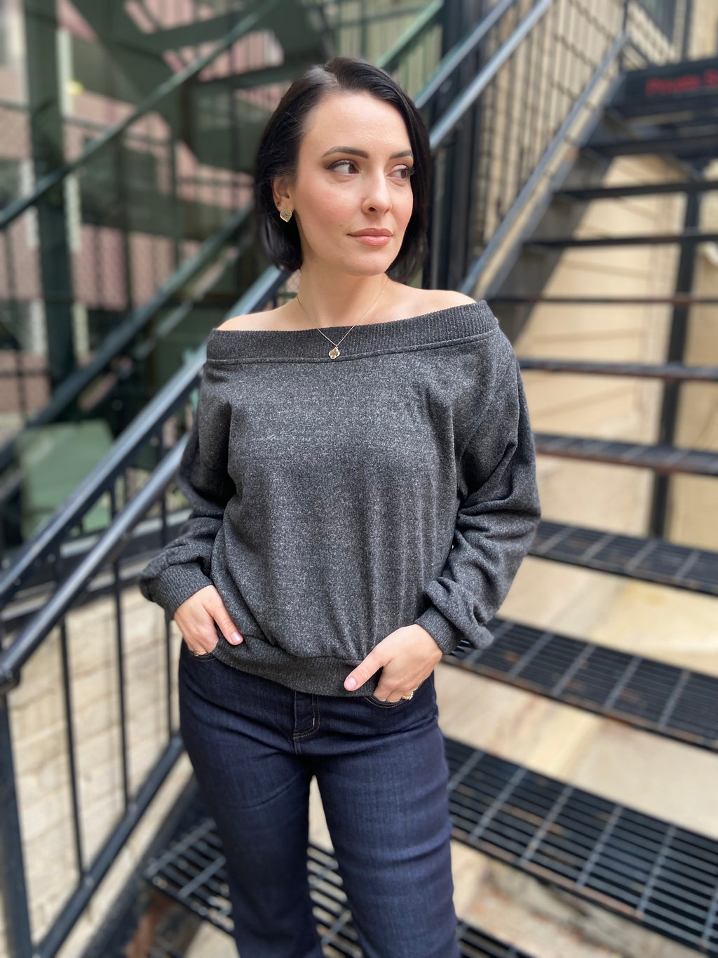 Molly Gray Rib Off The Shoulder Sweater