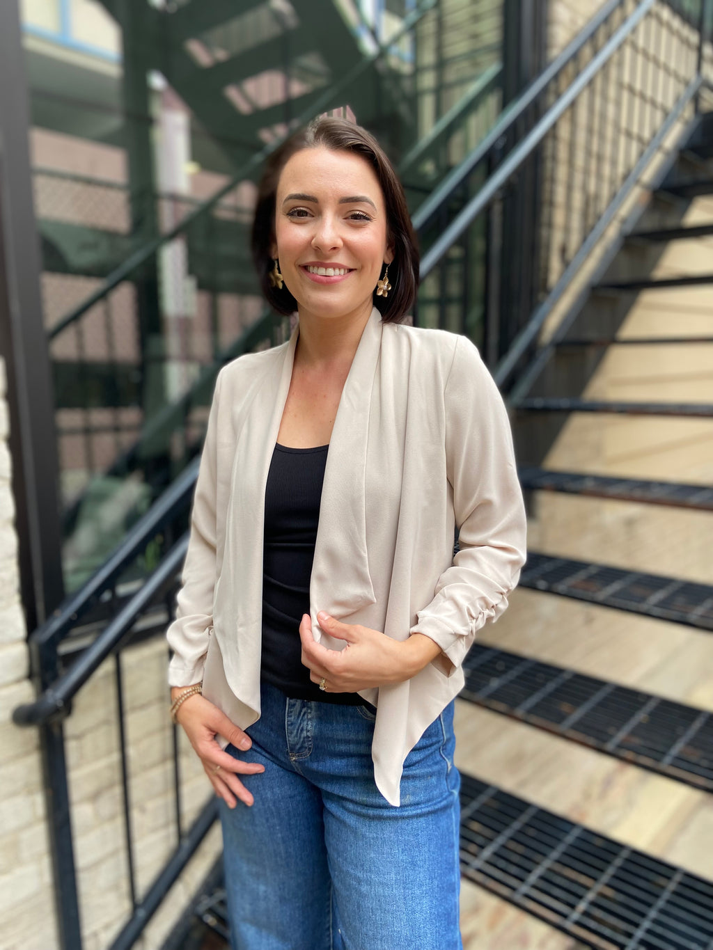 Sadi Khaki Half Sleeve Open Cropped Blazer