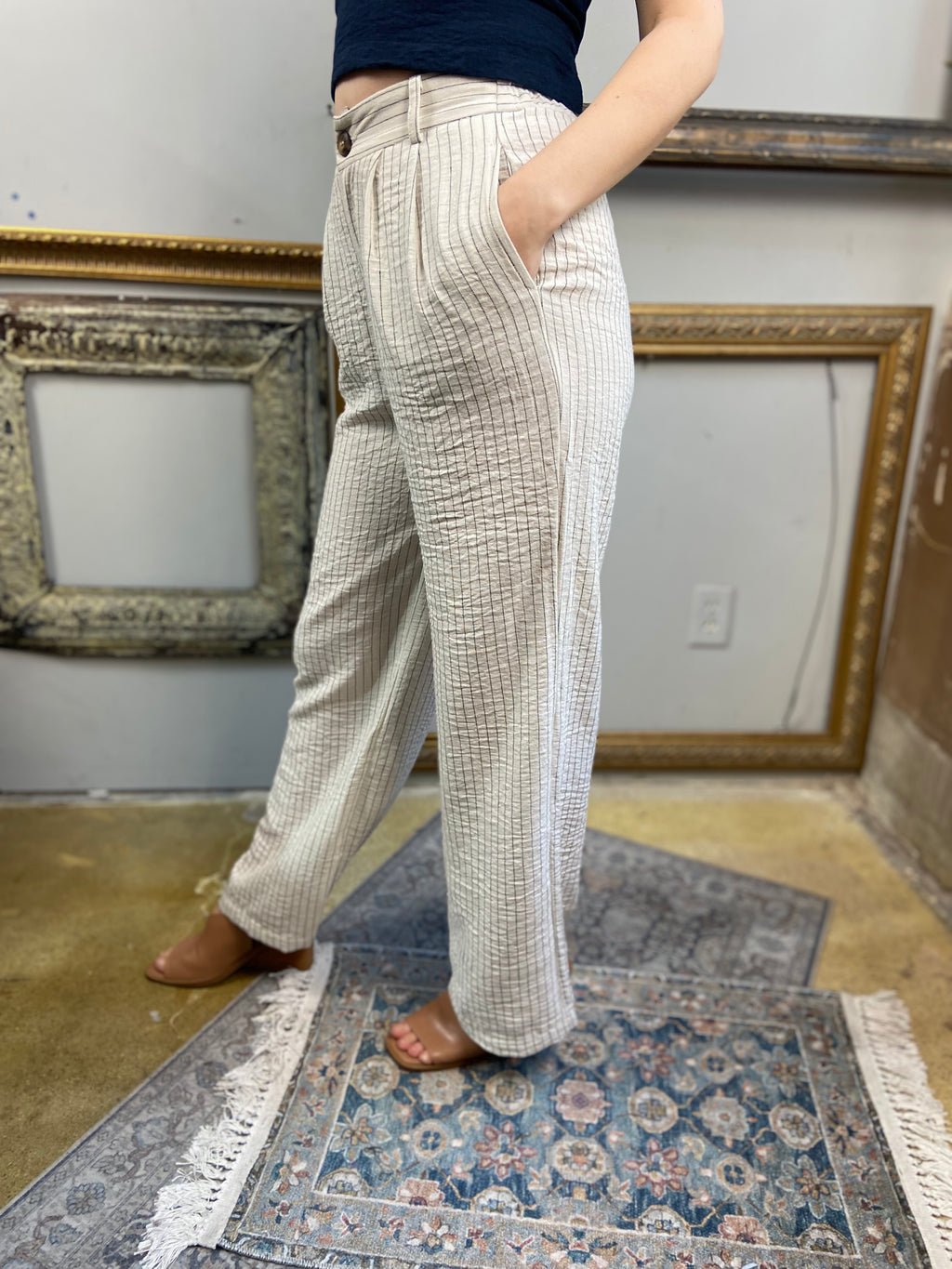 Ava Taupe & Black Stripe Linen Pants - MK Threads Boutique
