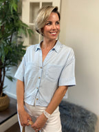 Ellie Light Blue Short Sleeve Button Up Top - MK Threads Boutique