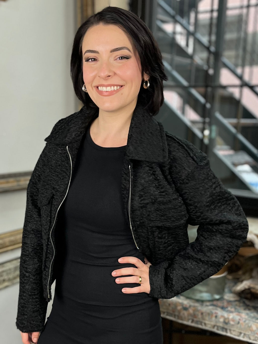 Natalie Black Boucle Cropped Jacket