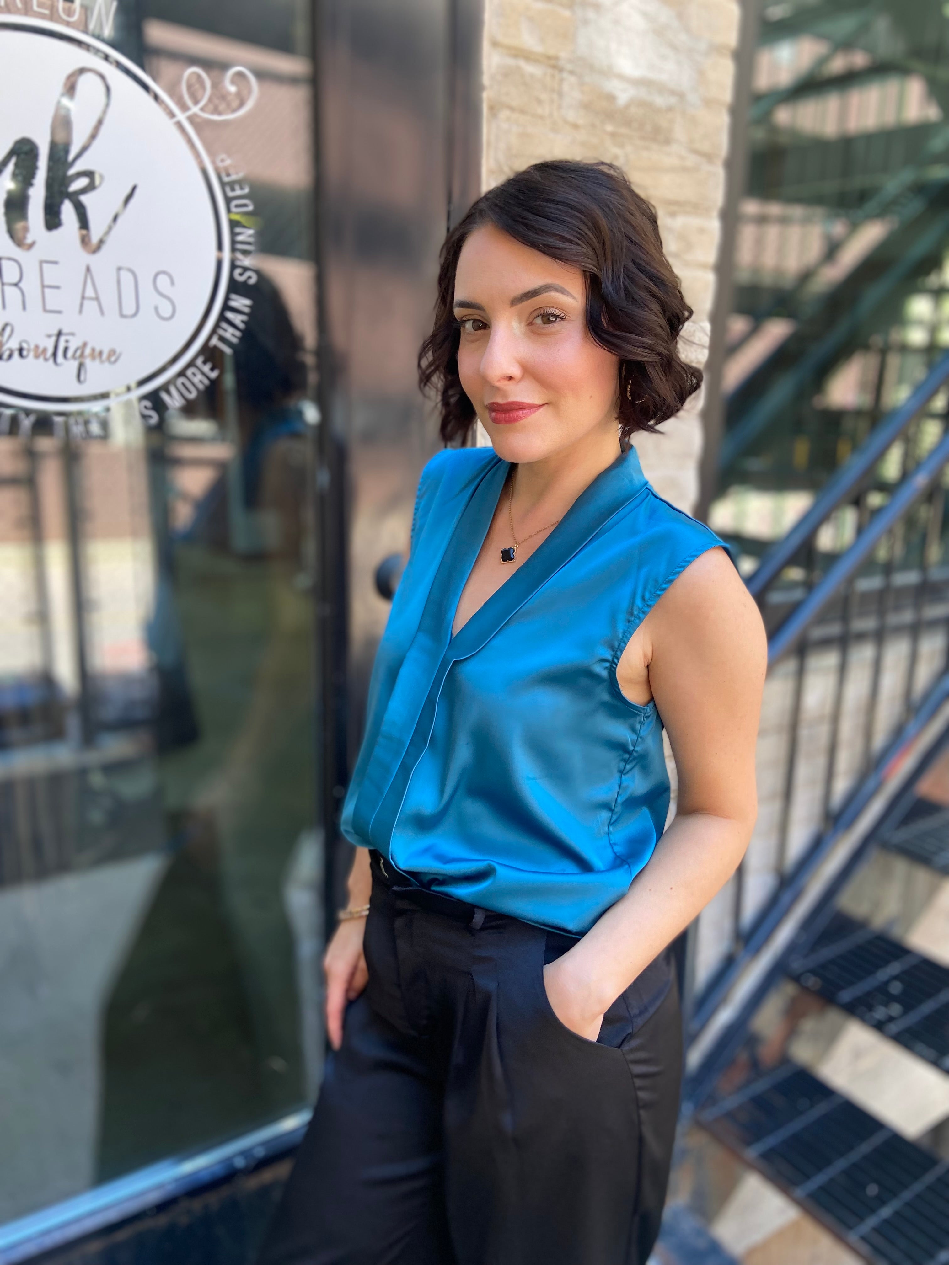 Abbey Teal Satin Collard Sleeveless Blouse