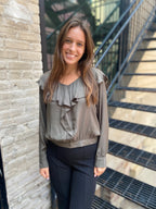 Nicole Dusty Olive Ruffled V-Neck Long Sleeve Blouse