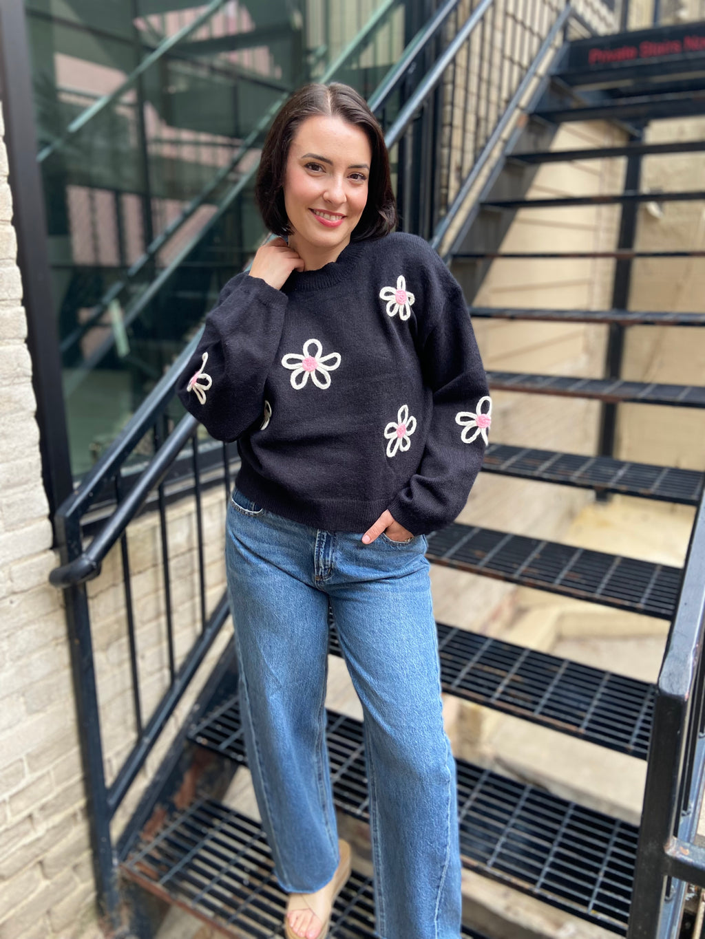 Monty Black & Pink Flower Knit Sweater
