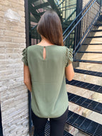 Miles Green Ruffled Shoulder Cap Sleeve Top