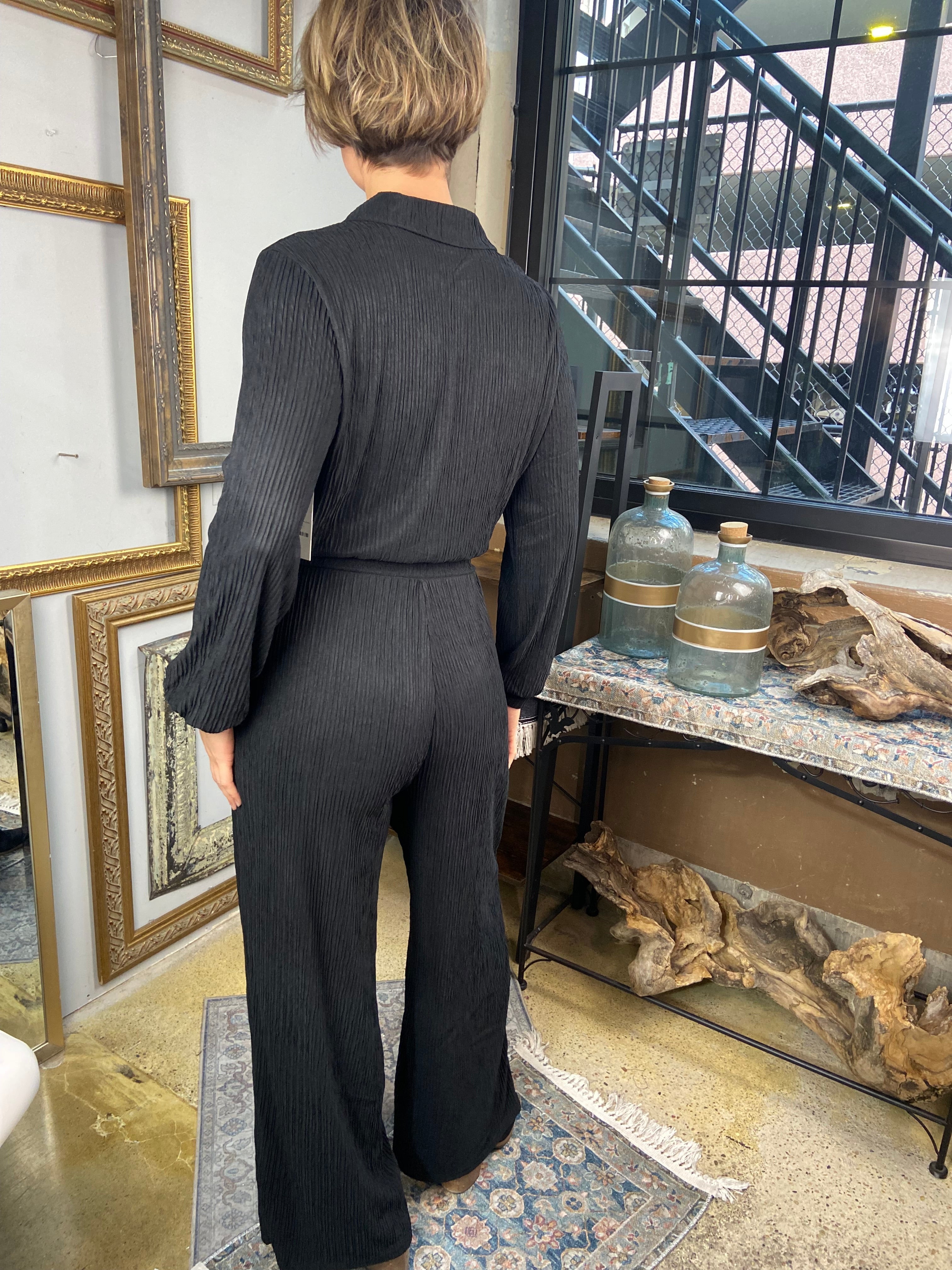 Lillie Black Long Sleeve Button Up Crinkle Jumpsuit