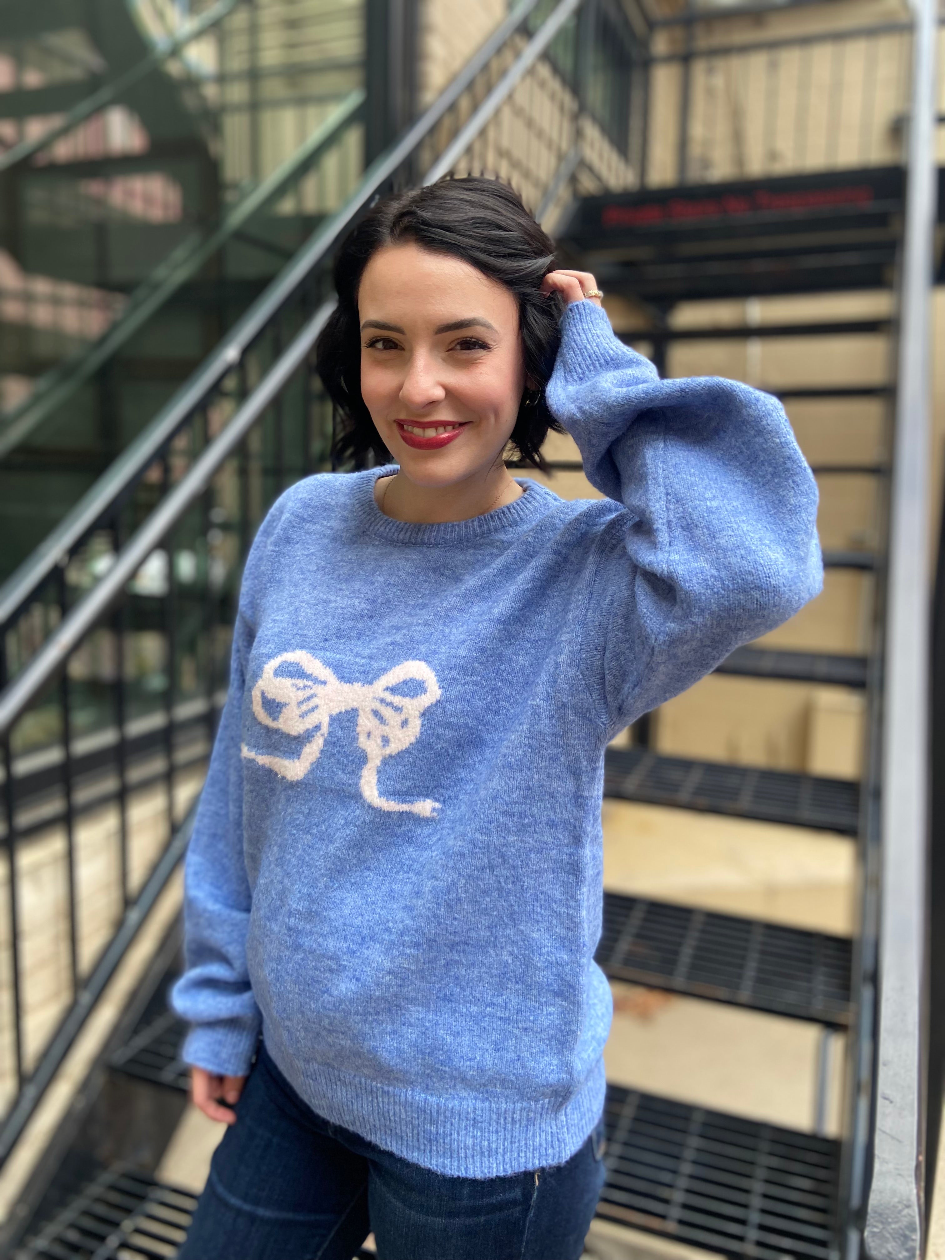 Blue Bow Knit Crew Sweater