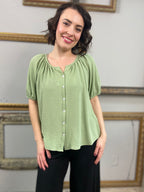 Abbi Sage Green Puff Short Sleeve Button Up - MK Threads Boutique