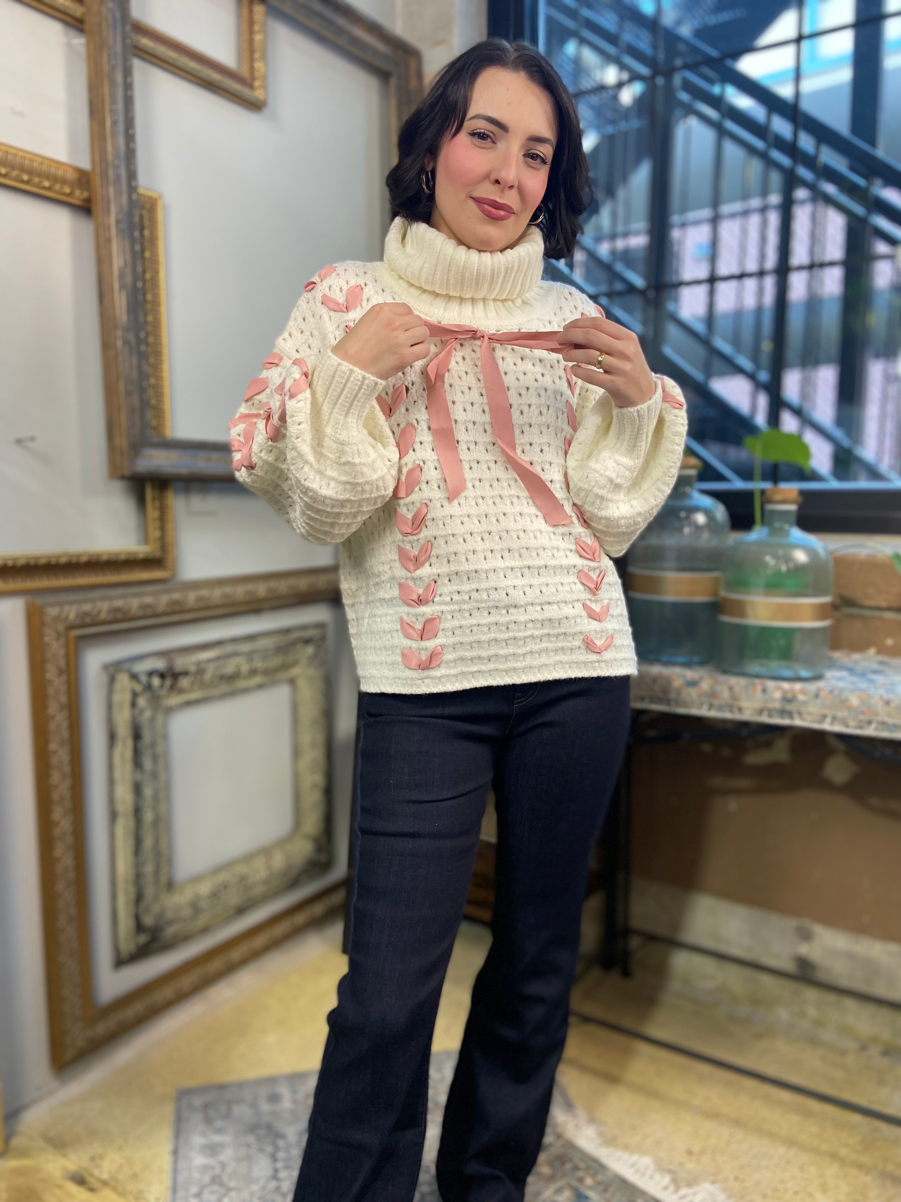 Wren White & Pink Ribbon Knit Sweater