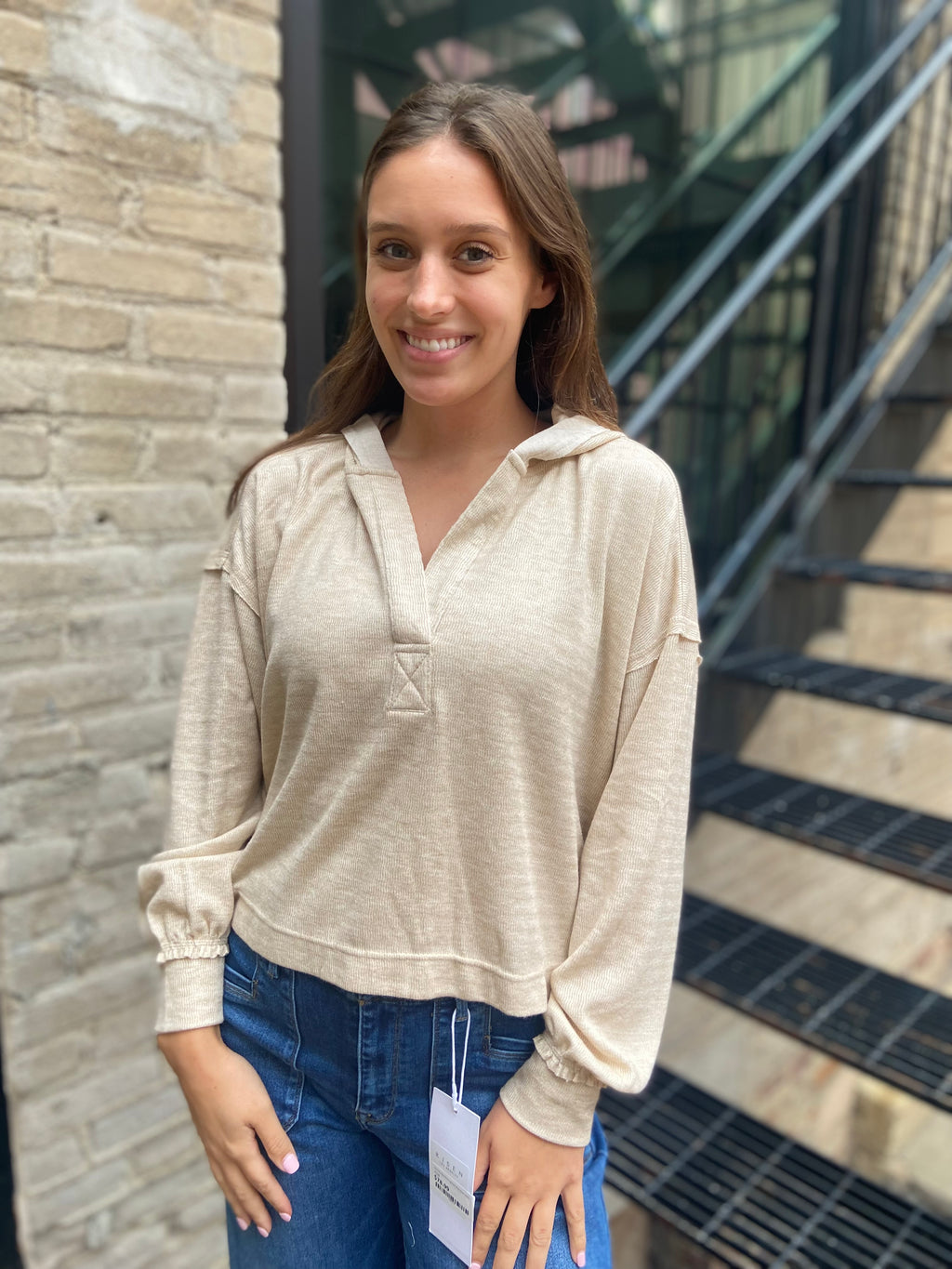 Court Taupe Hooded V-Neck Sweater