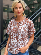 Nelly Brown Floral Neck Tie Ruffle Blouse