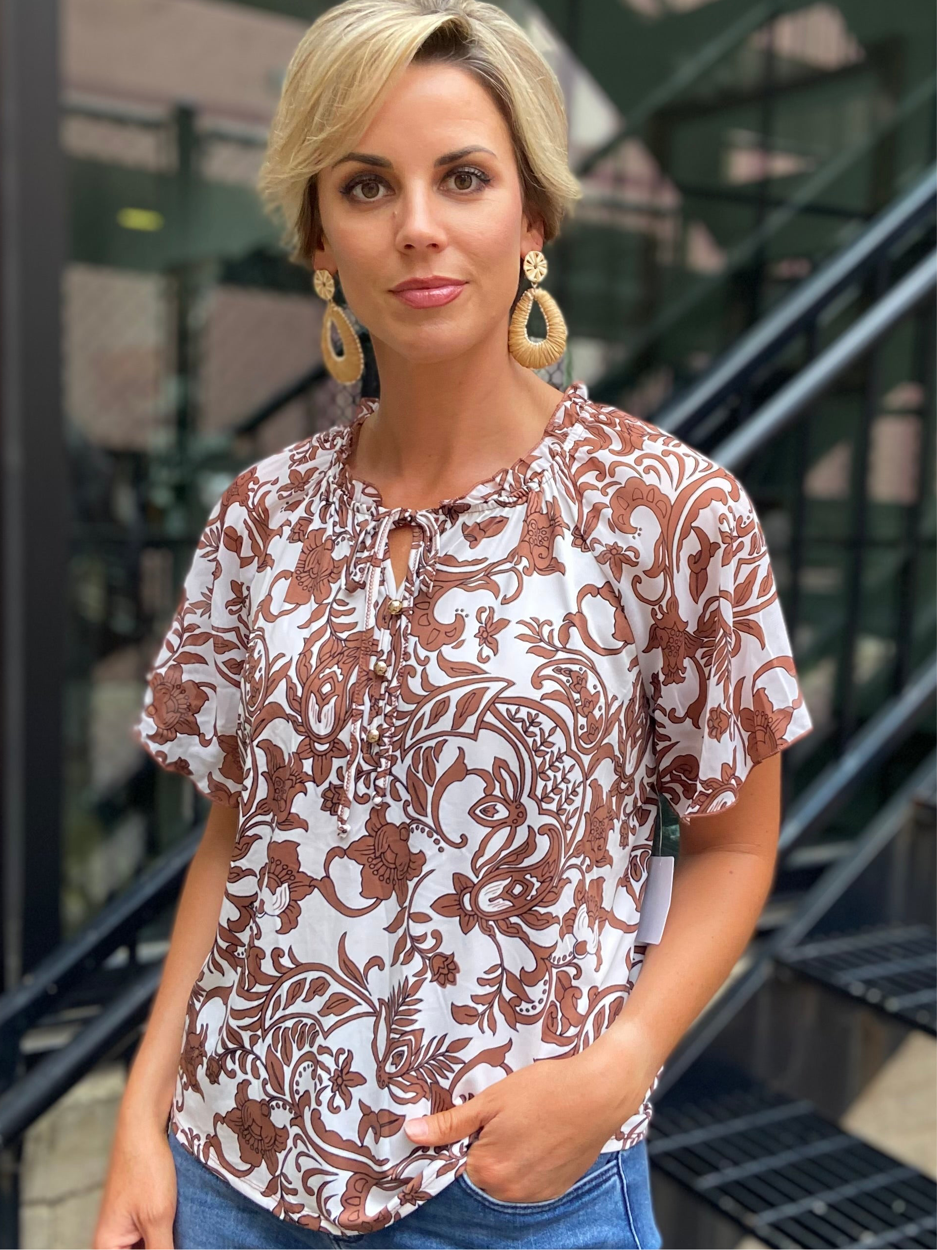 Nelly Brown Floral Neck Tie Ruffle Blouse