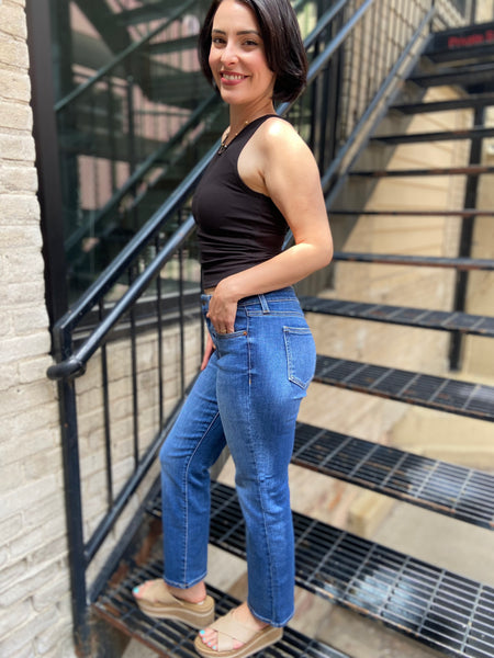 Loralee Mid Rise Dark Wash Straight Sneak Peek Jeans