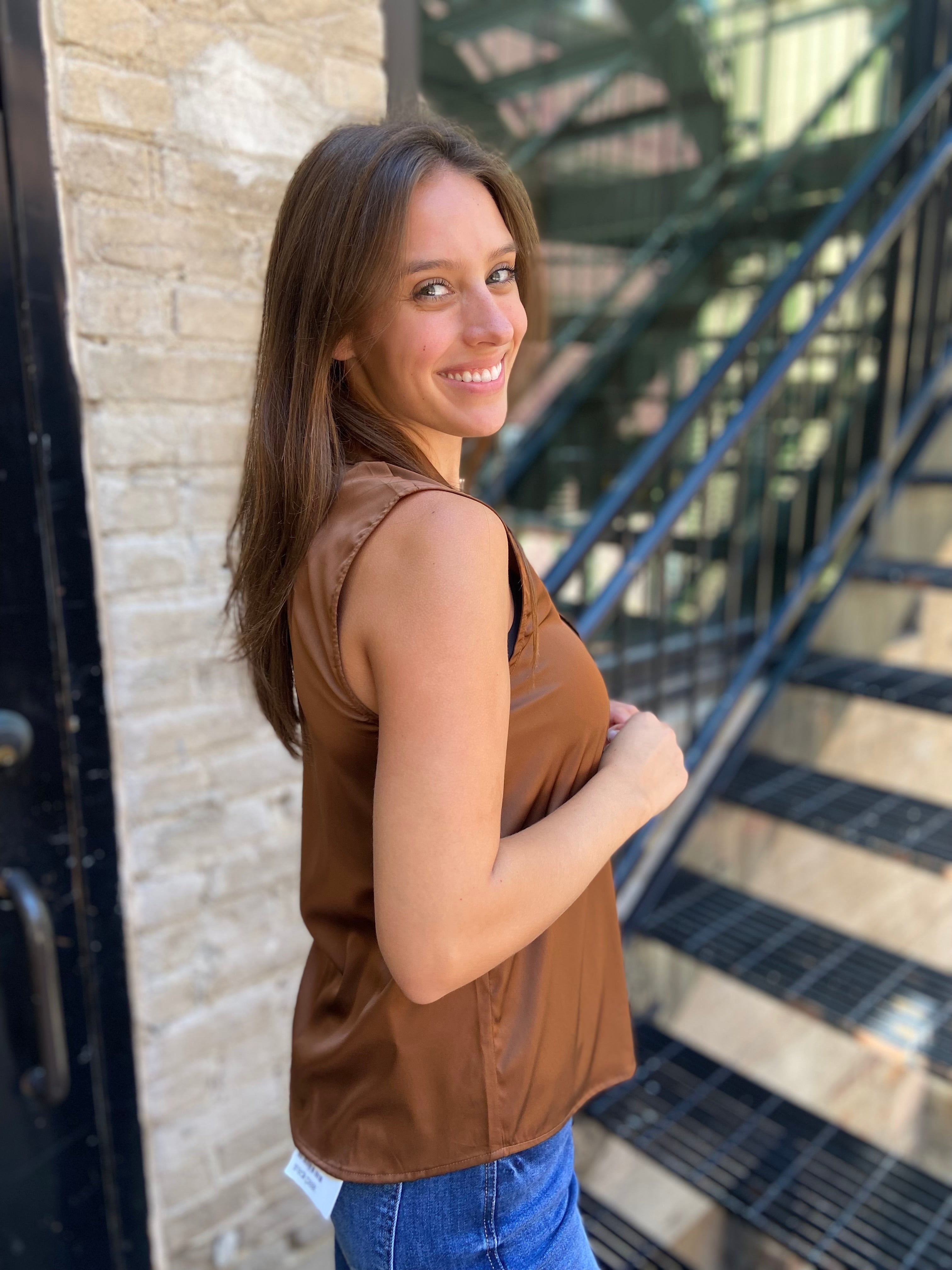 Abbey Brown Satin Collard Sleeveless Blouse