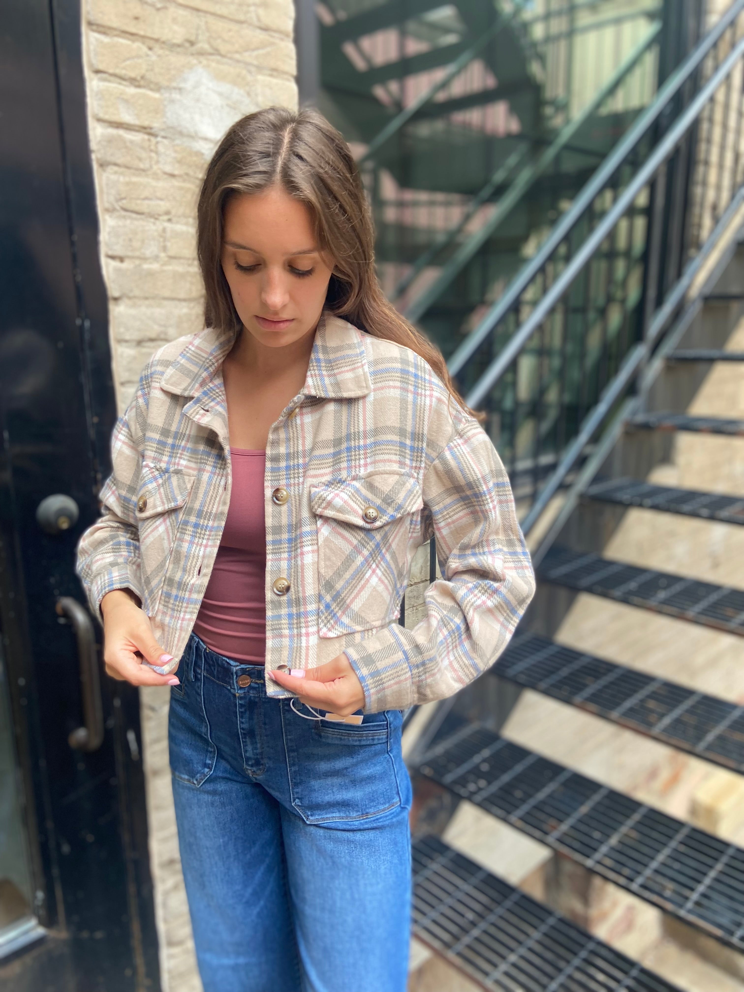 Nance Light Taupe Cropped Plaid Shacket
