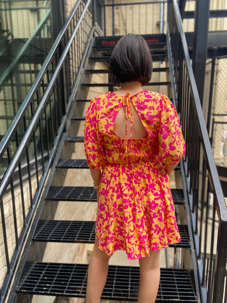 Zoka Peach & Fuchsia Blossom Mini Dress